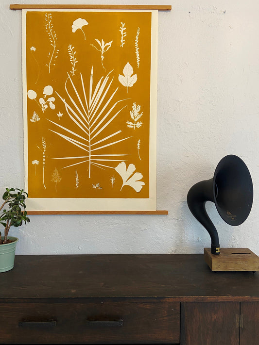 Hand Pressed Botanical Collage Monoprint on Yellow Gold - giclee print