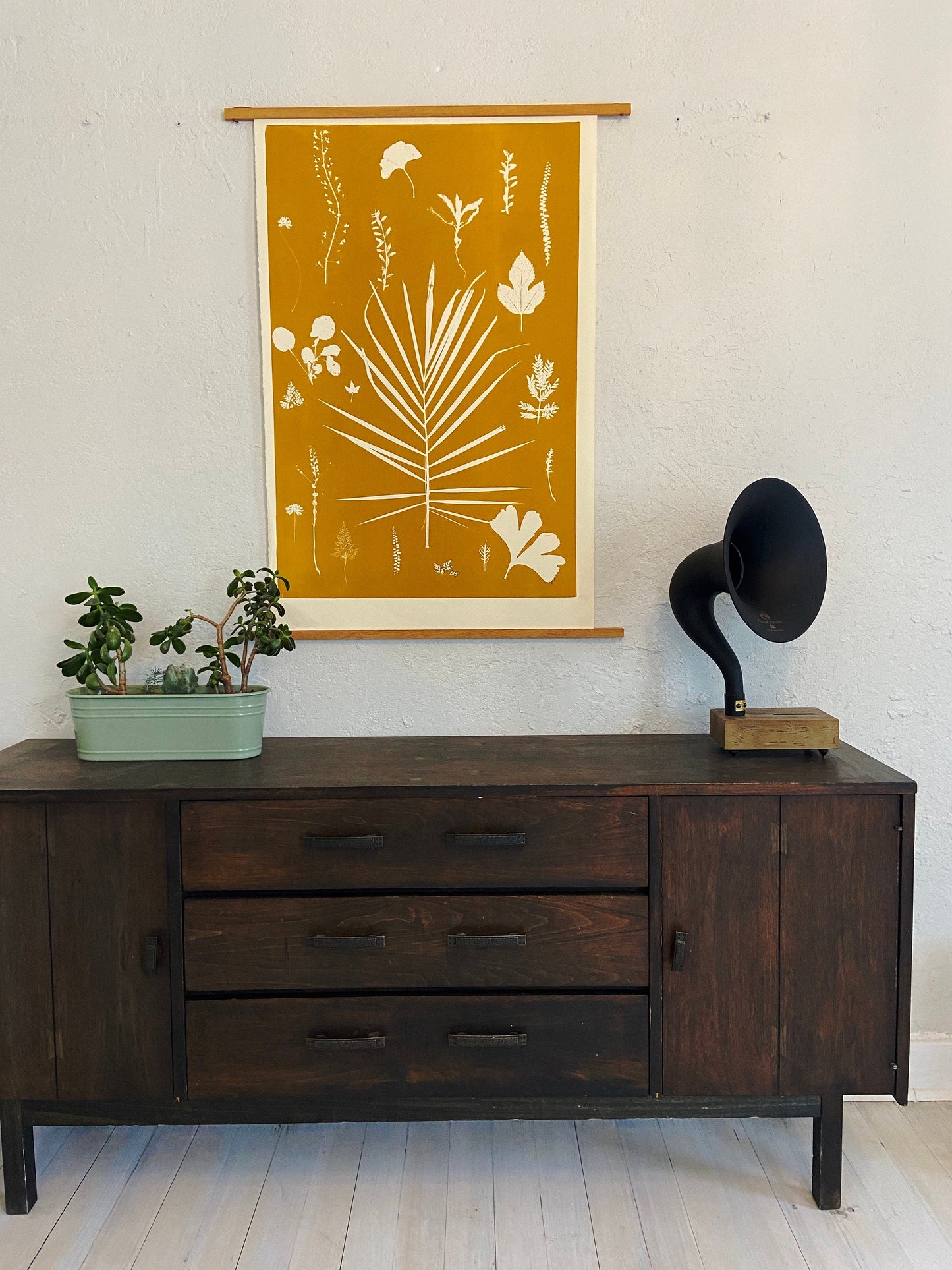 Hand Pressed Botanical Collage Monoprint on Yellow Gold - giclee print