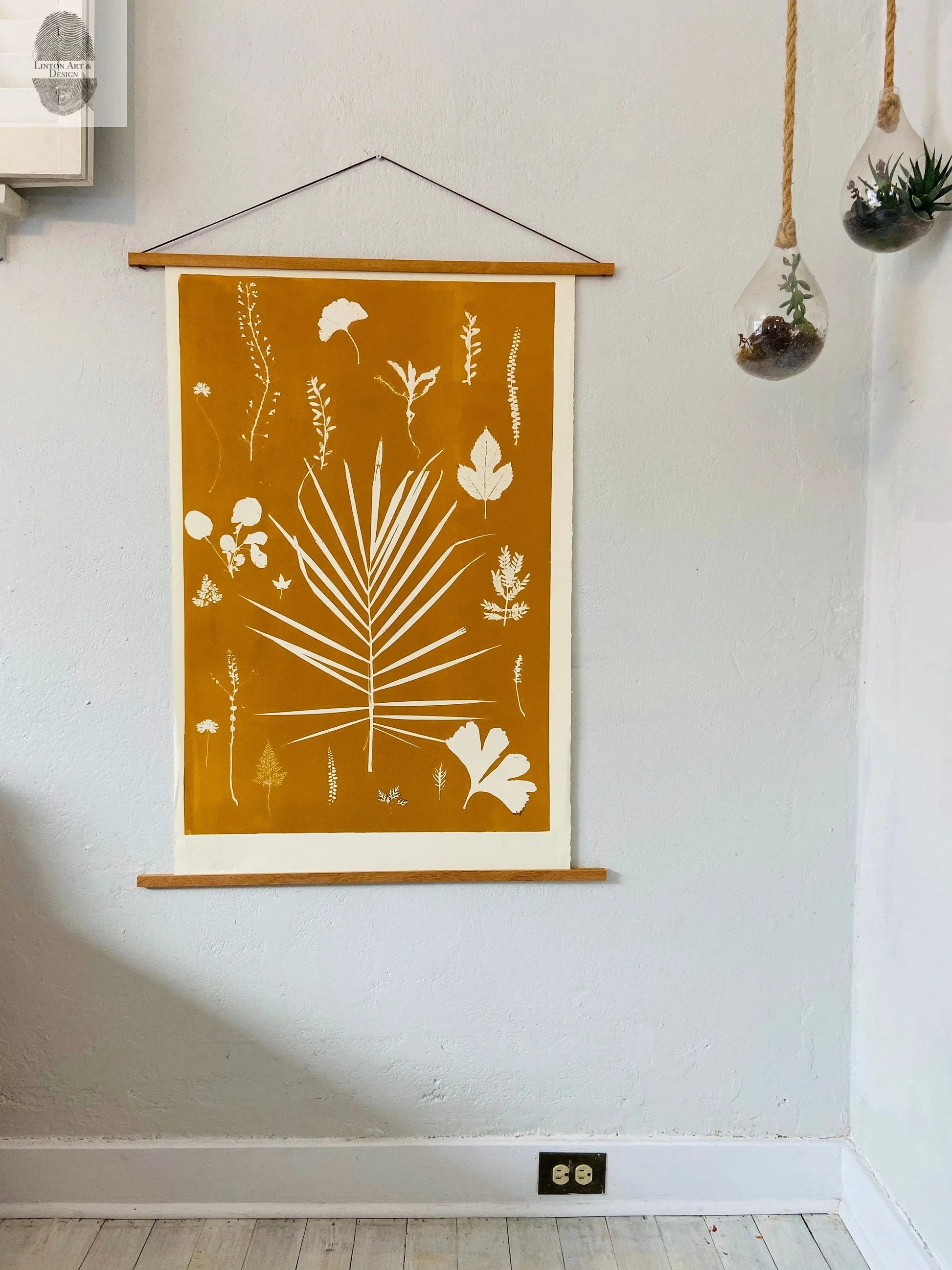 Hand Pressed Botanical Collage Monoprint on Yellow Gold - giclee print lintonart