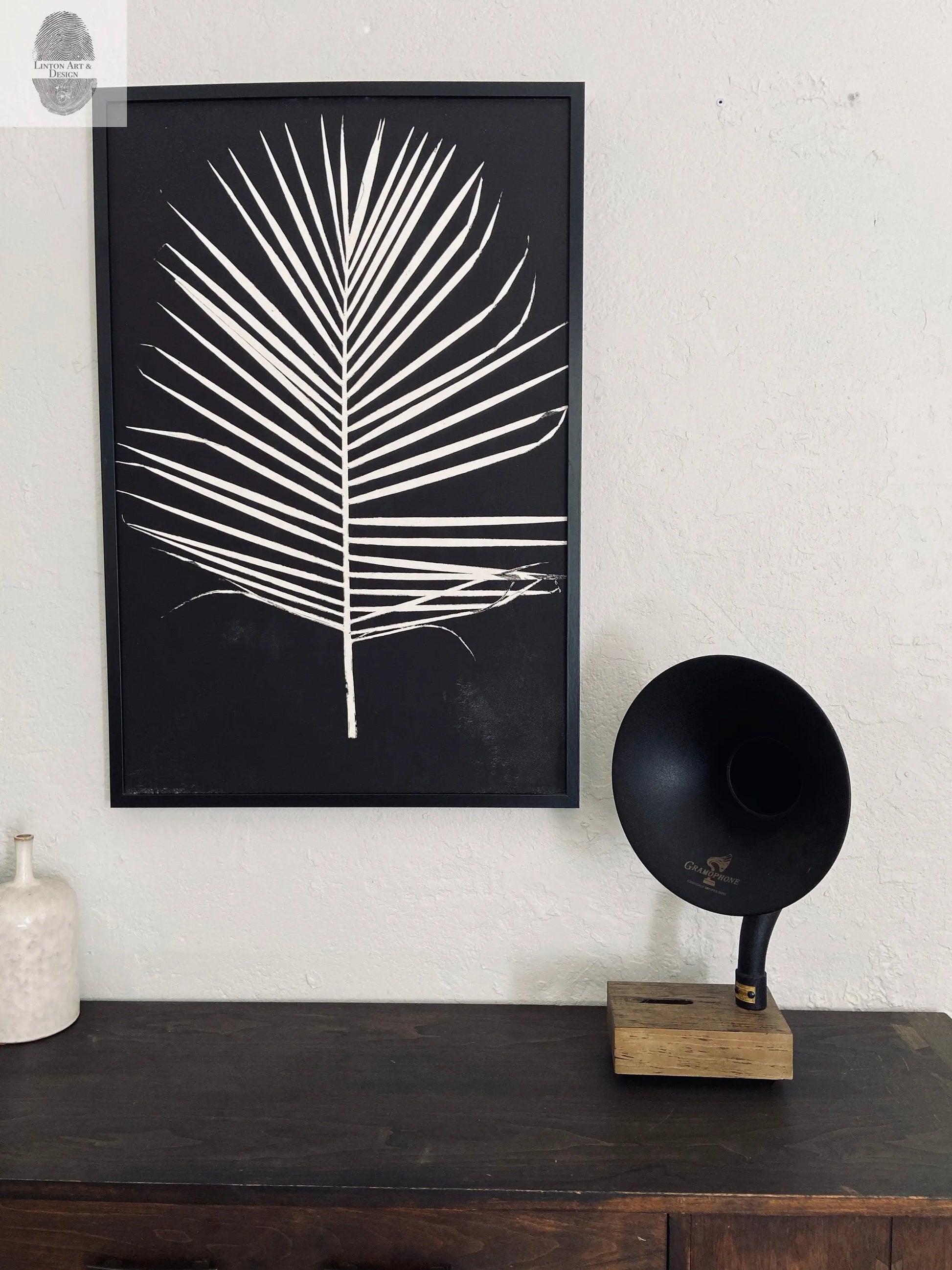 Palm Leaf Hand Pressed Monoprint on Black I - 24x36 giclee print lintonart
