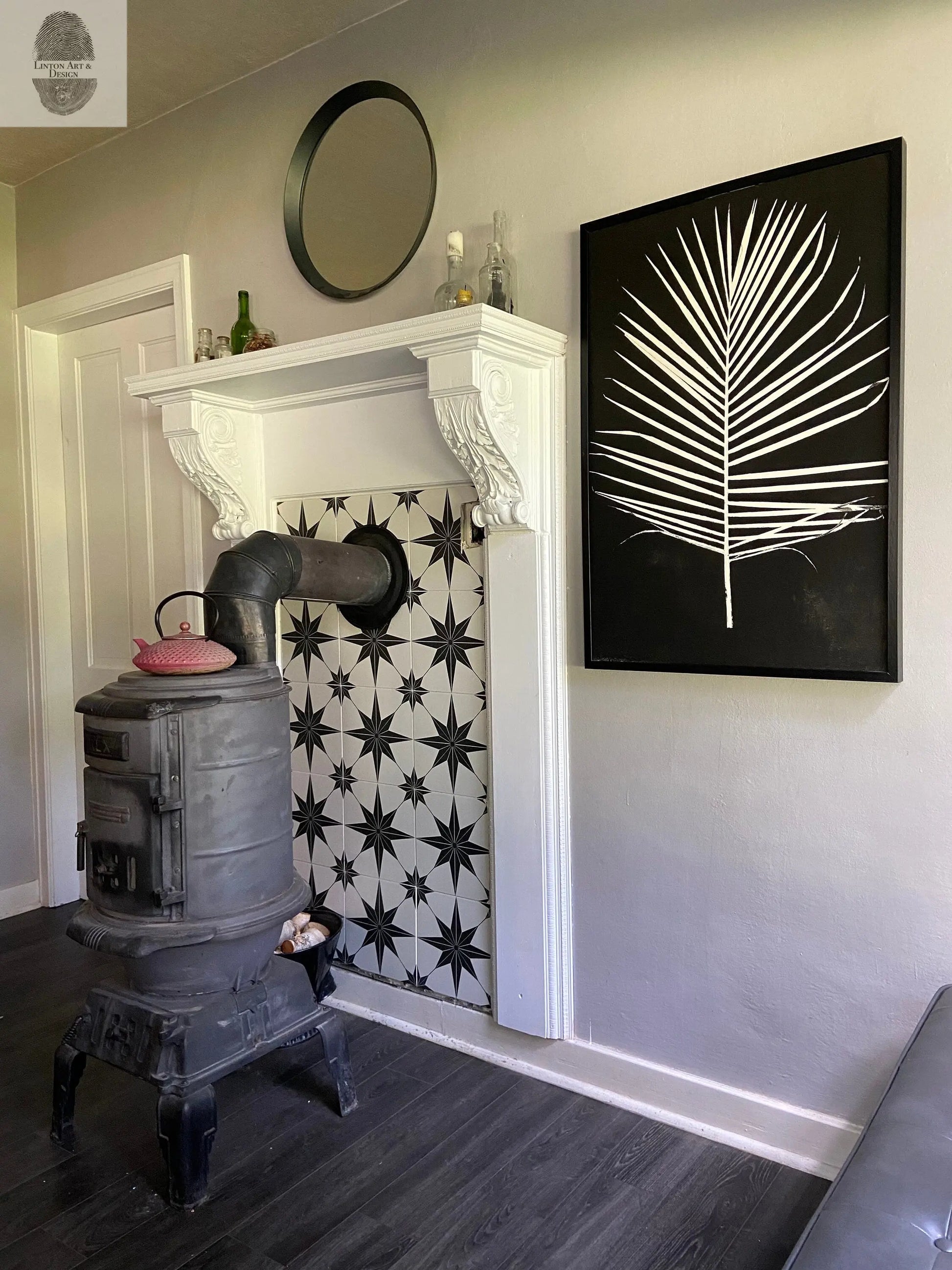 Palm Leaf Hand Pressed Monoprint on Black I - 24x36 giclee print lintonart