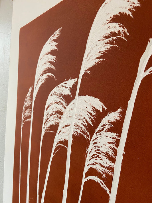Pampas Grass Hand Pressed Botanical Monoprint on Burnt Umber - giclee print