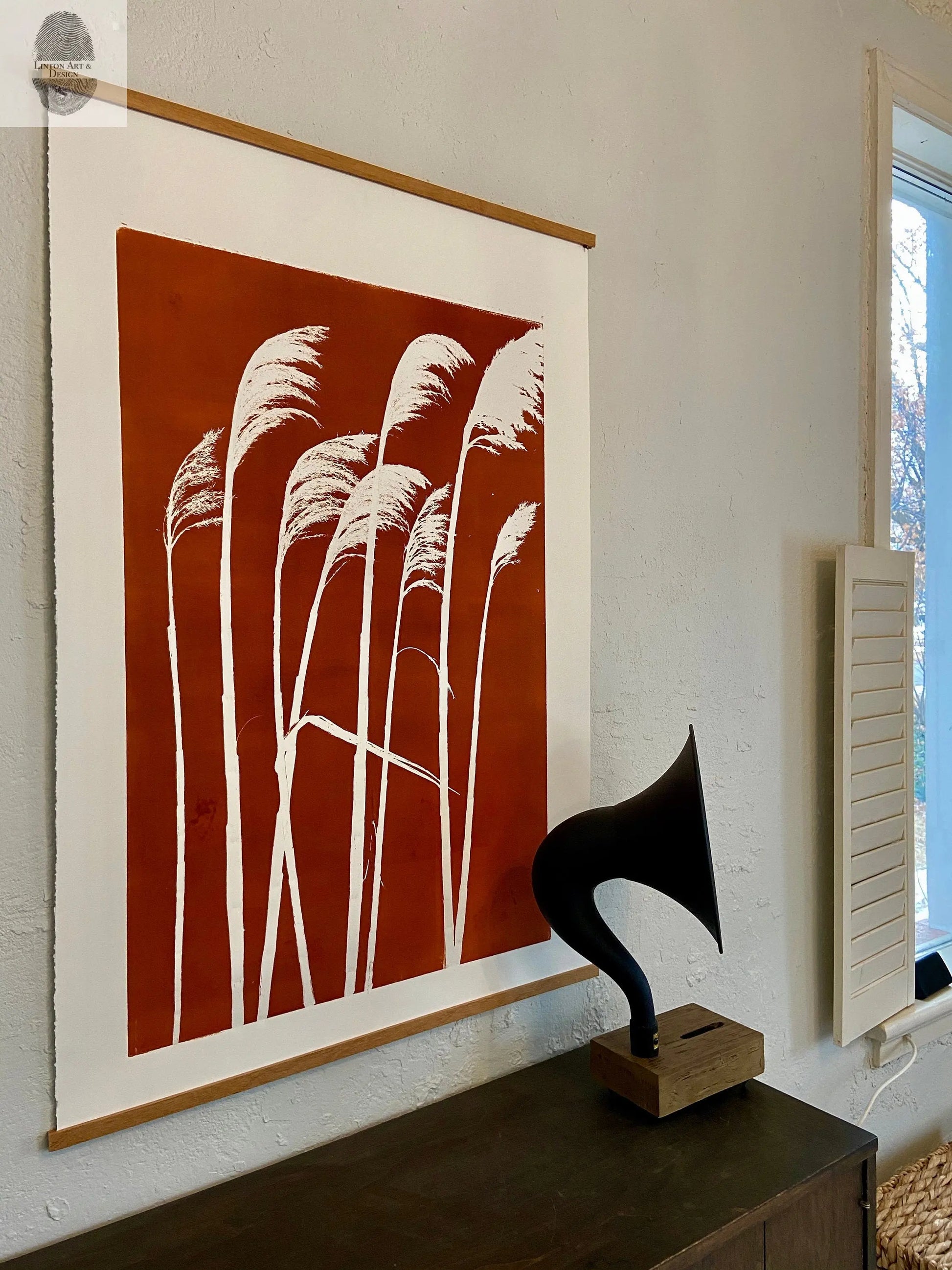 Pampas Grass Hand Pressed Botanical Monoprint on Burnt Umber - giclee print lintonart