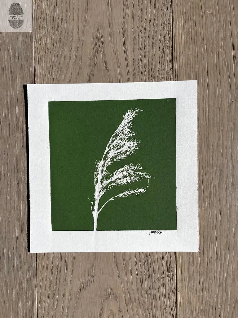 Pampas Grass Hand Pressed Botanical Monotype on Green - Original Print 9x9 inches lintonart