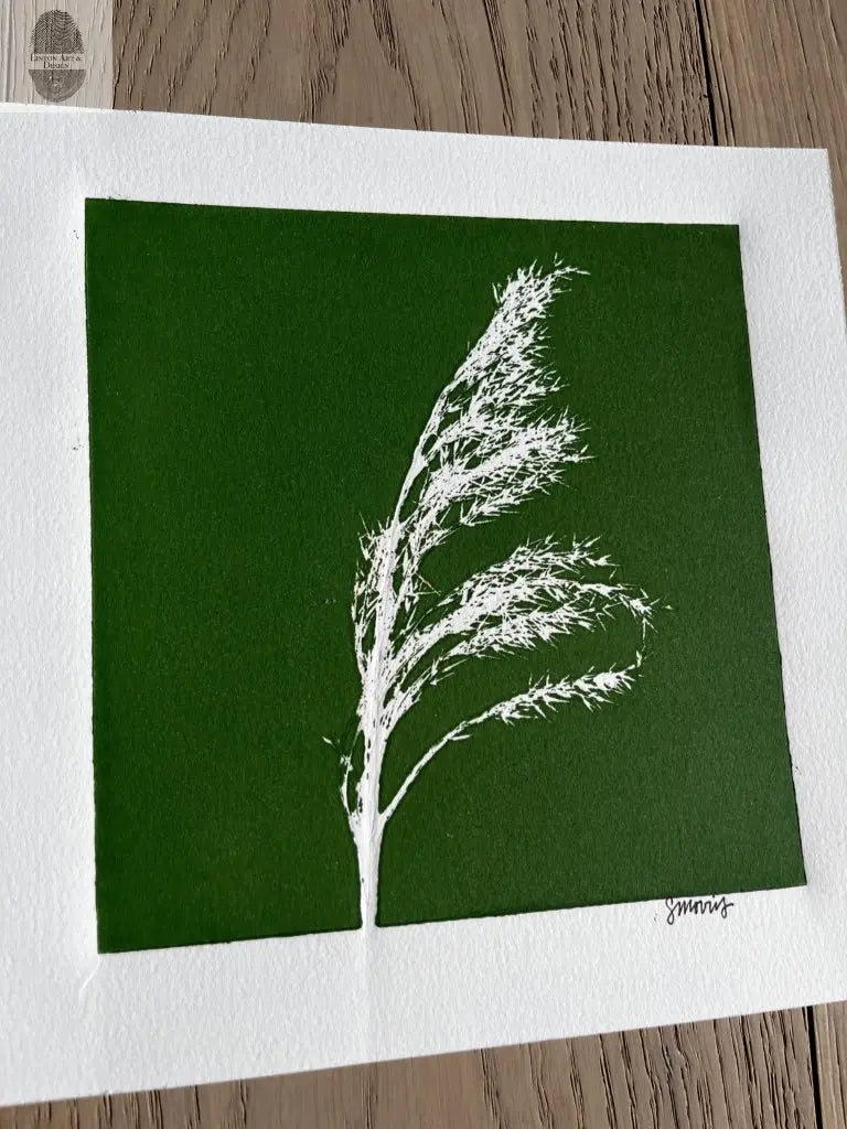 Pampas Grass Hand Pressed Botanical Monotype on Green - Original Print 9x9 inches lintonart