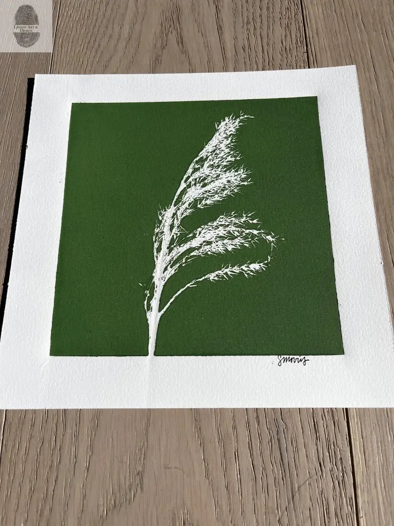 Pampas Grass Hand Pressed Botanical Monotype on Green - Original Print 9x9 inches lintonart