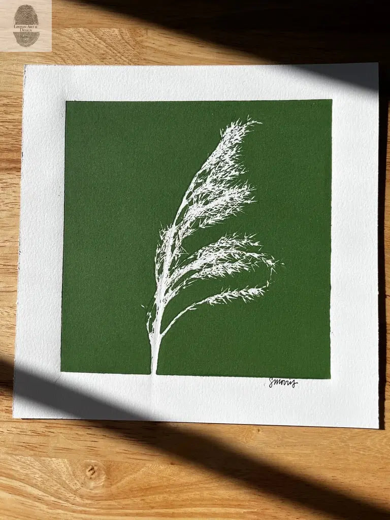 Pampas Grass Hand Pressed Botanical Monotype on Green - Original Print 9x9 inches lintonart