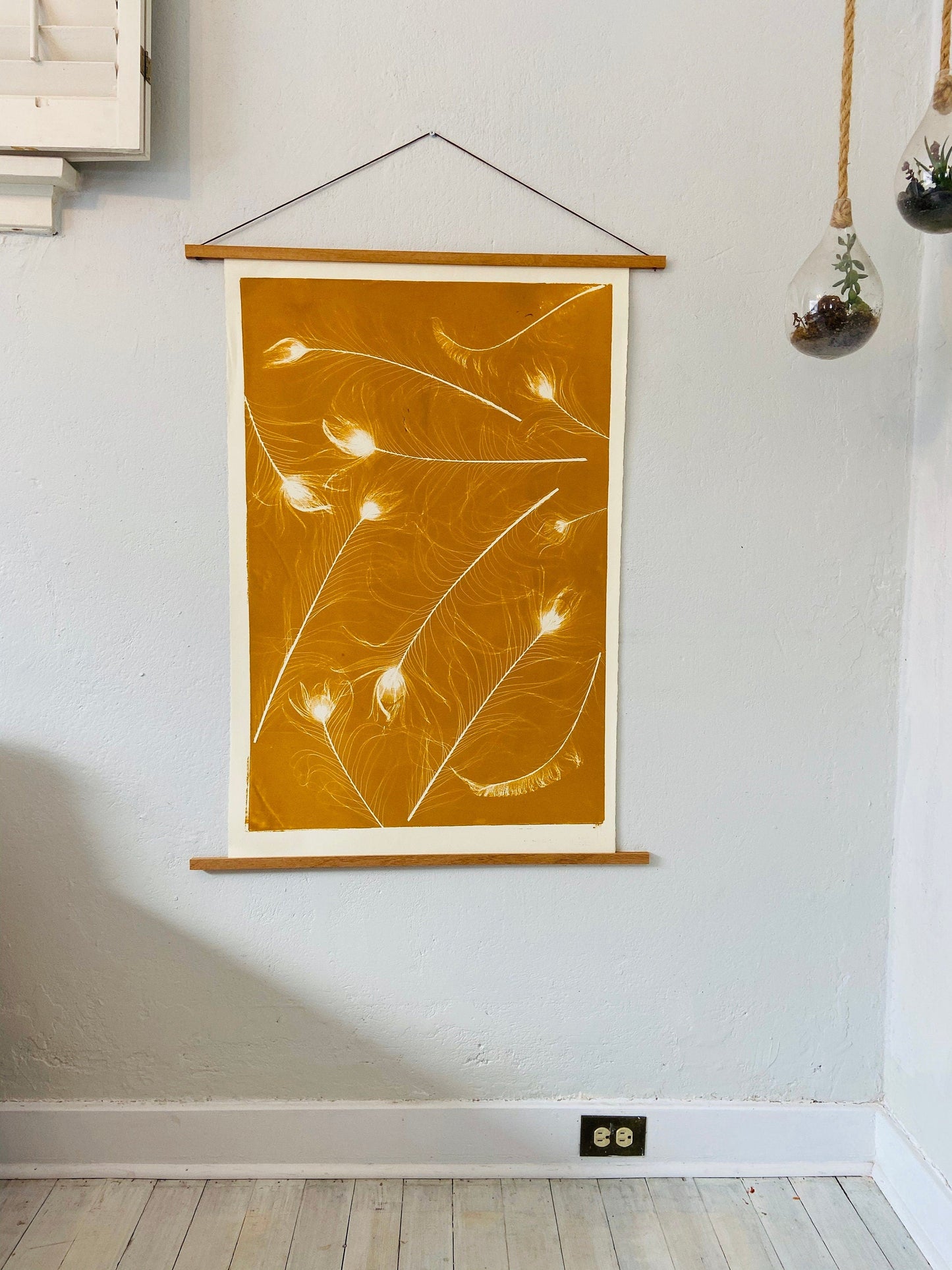 Peacock Feather Collage Monoprint in Yellow Gold - giclee print