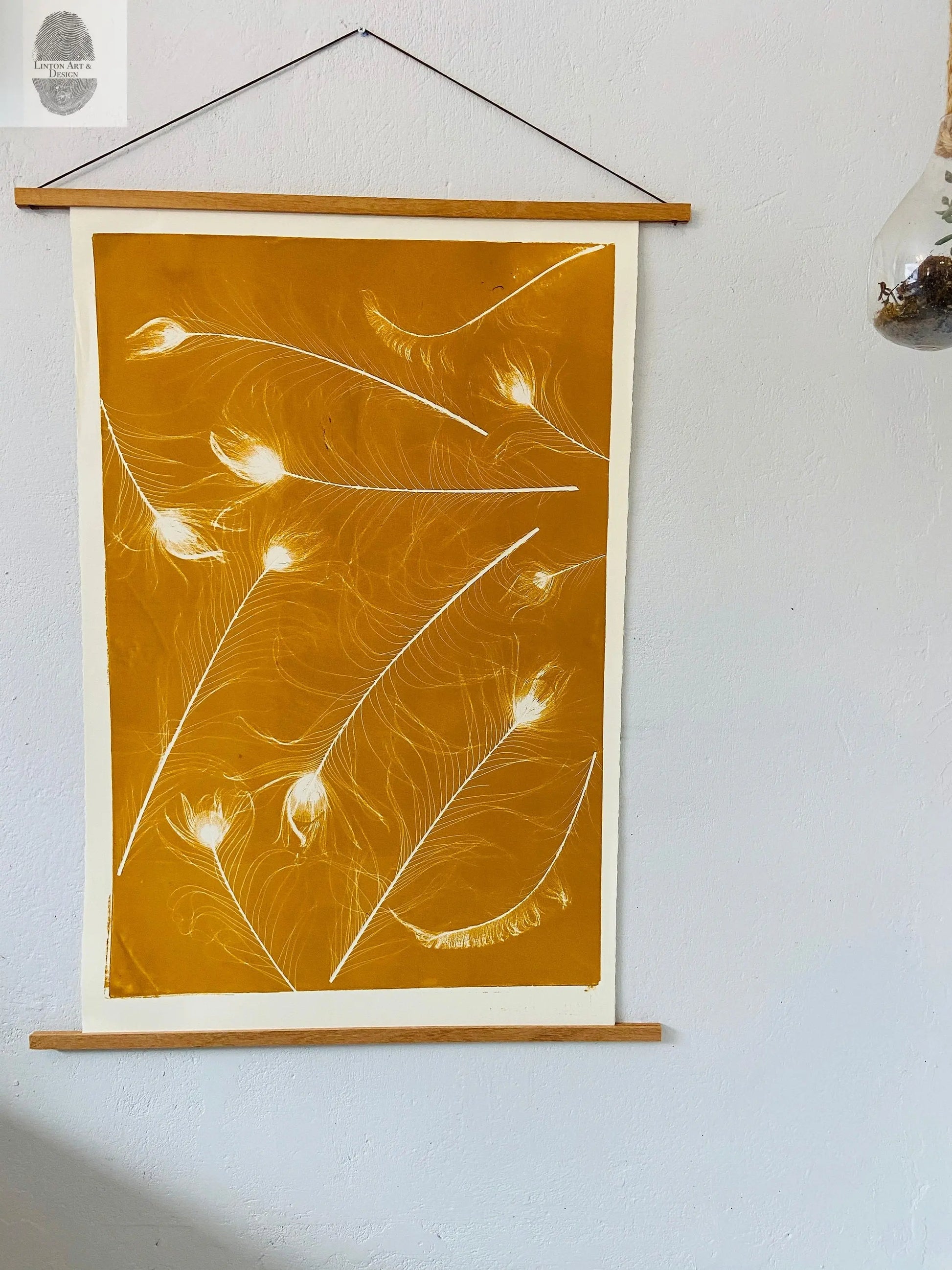 Peacock Feather Collage Monoprint in Yellow Gold - giclee print lintonart