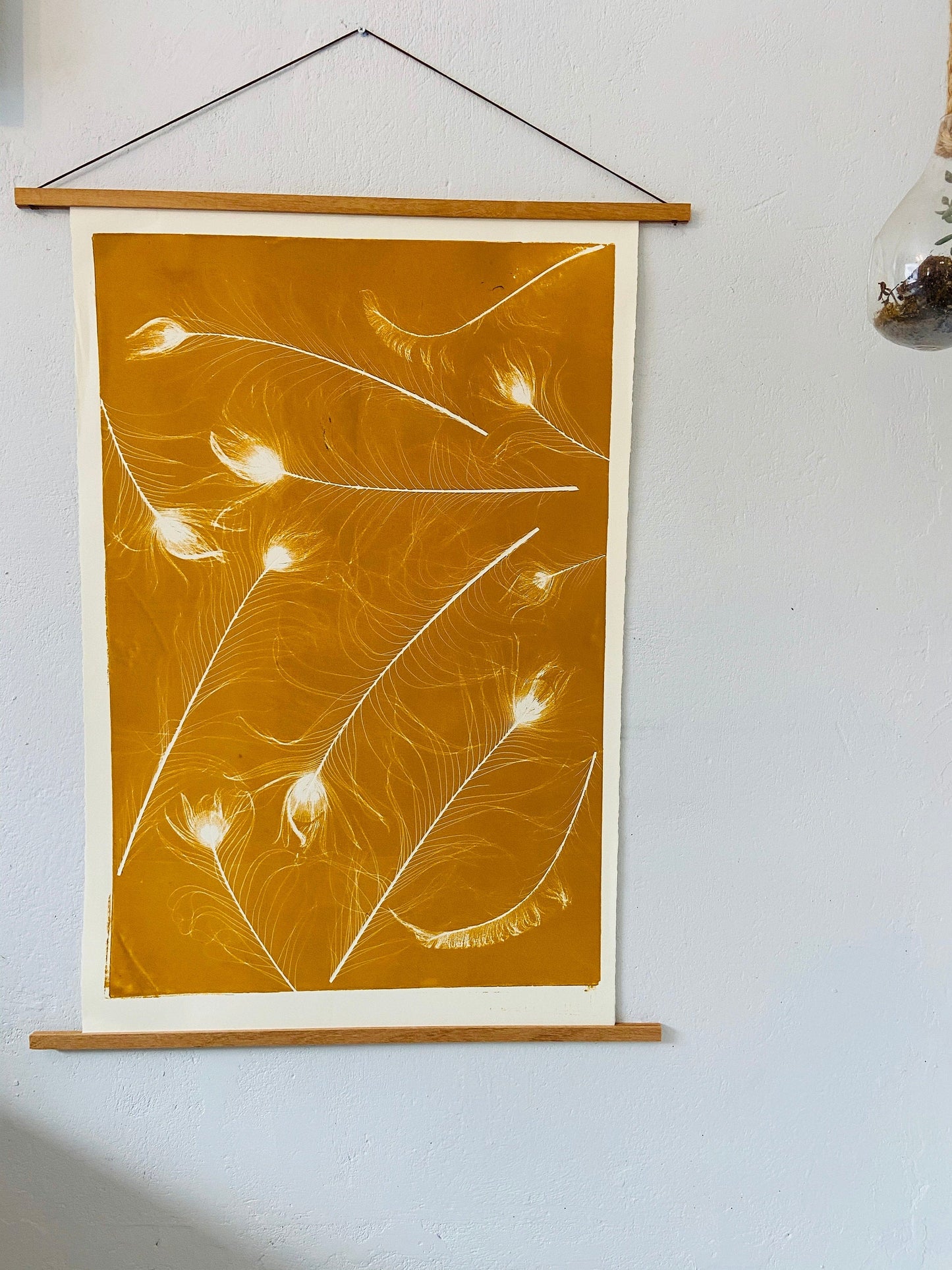 Peacock Feather Collage Monoprint in Yellow Gold - giclee print