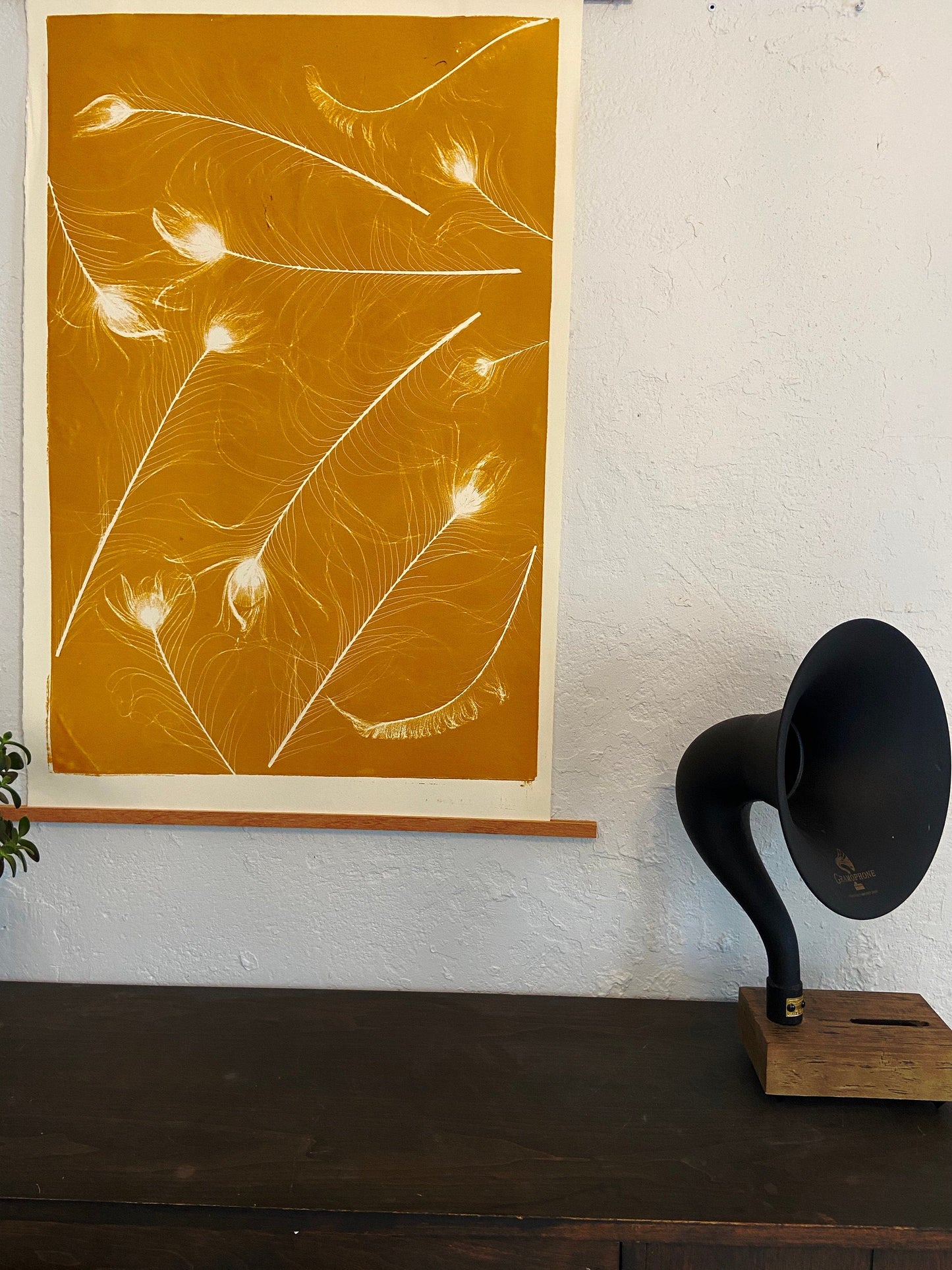 Peacock Feather Collage Monoprint in Yellow Gold - giclee print