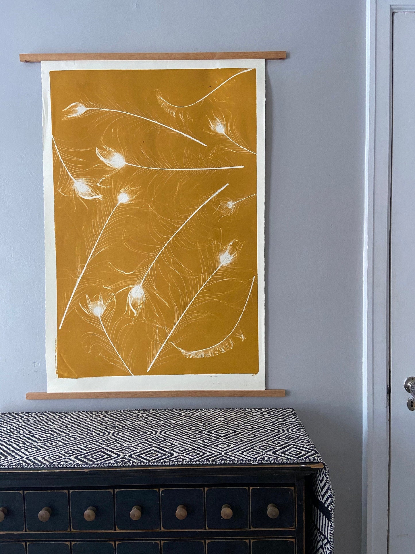 Peacock Feather Collage Monoprint in Yellow Gold - giclee print