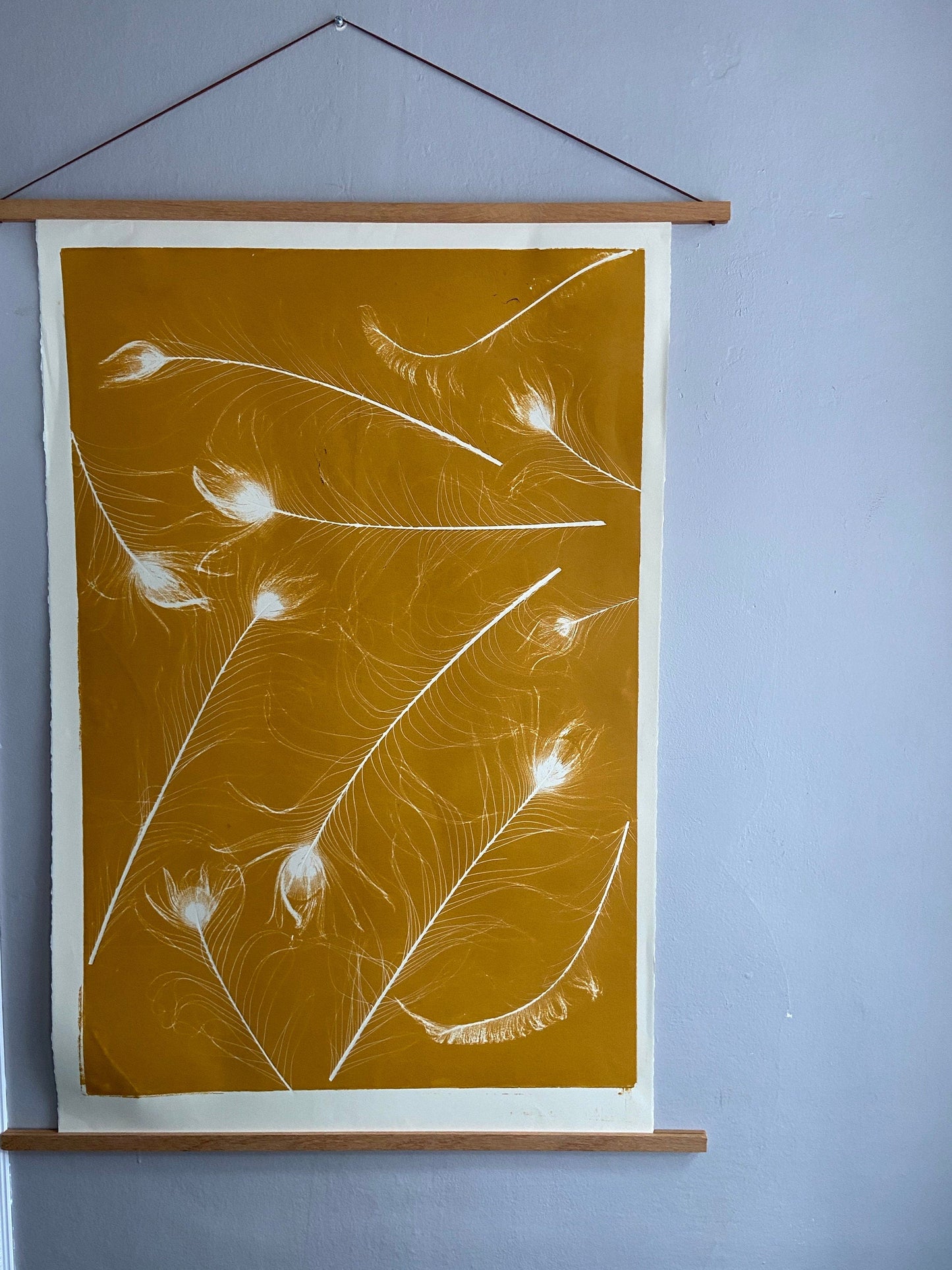 Peacock Feather Collage Monoprint in Yellow Gold - giclee print