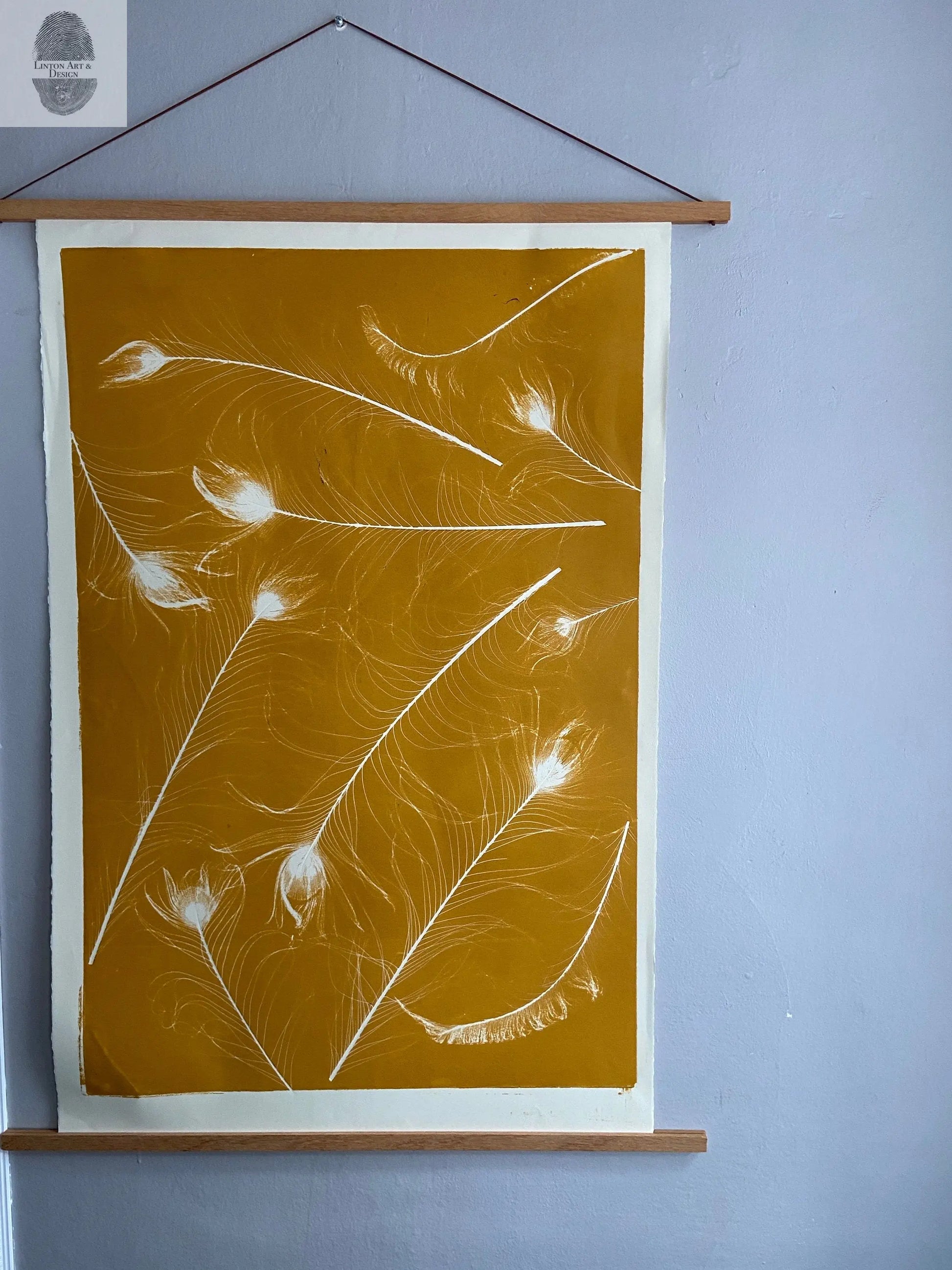 Peacock Feather Collage Monoprint in Yellow Gold - giclee print lintonart