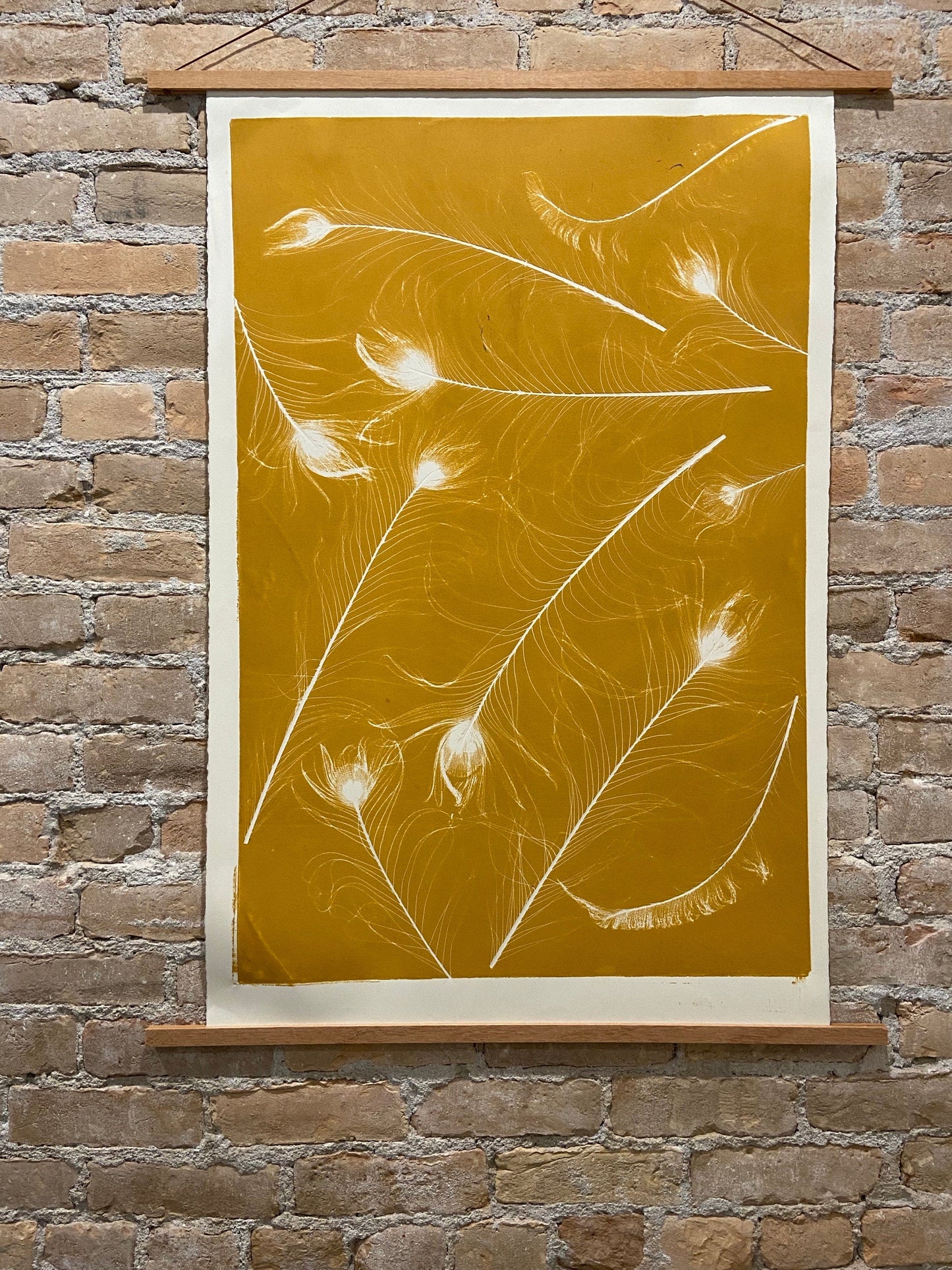 Peacock Feather Collage Monoprint in Yellow Gold - giclee print