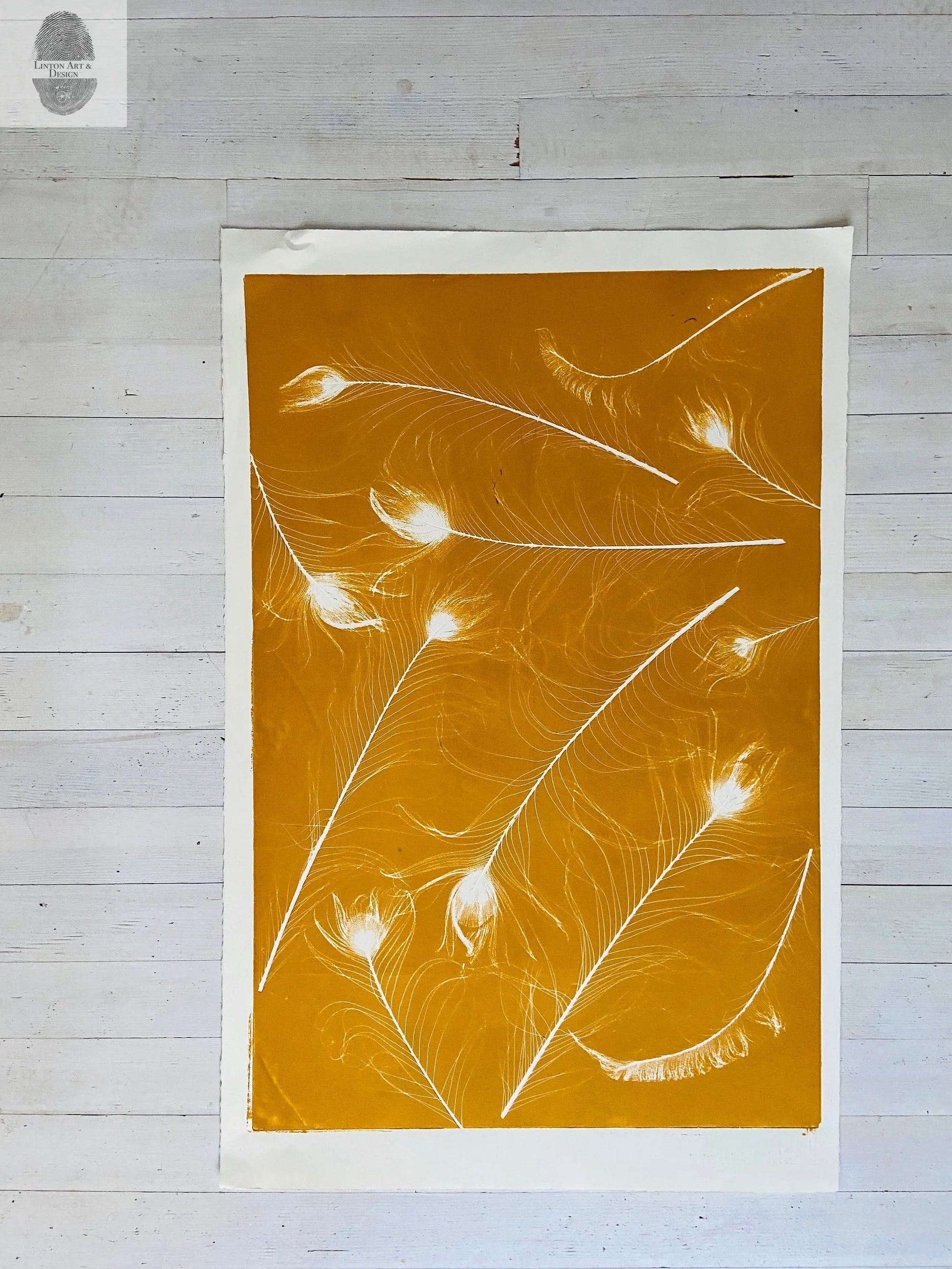 Peacock Feather Collage Monoprint in Yellow Gold - giclee print lintonart