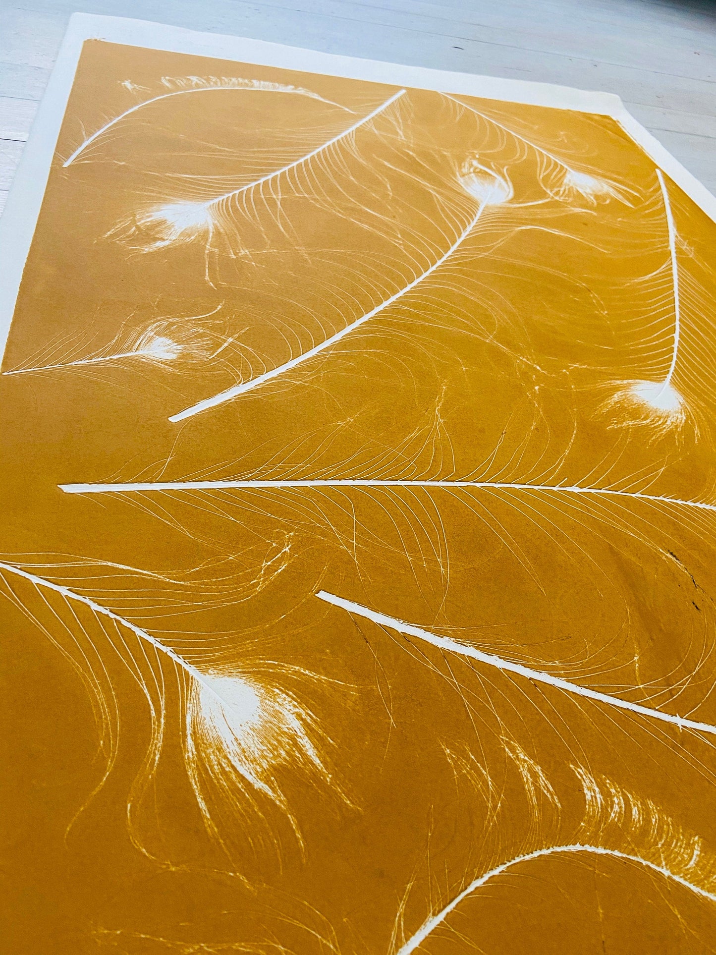 Peacock Feather Collage Monoprint in Yellow Gold - giclee print