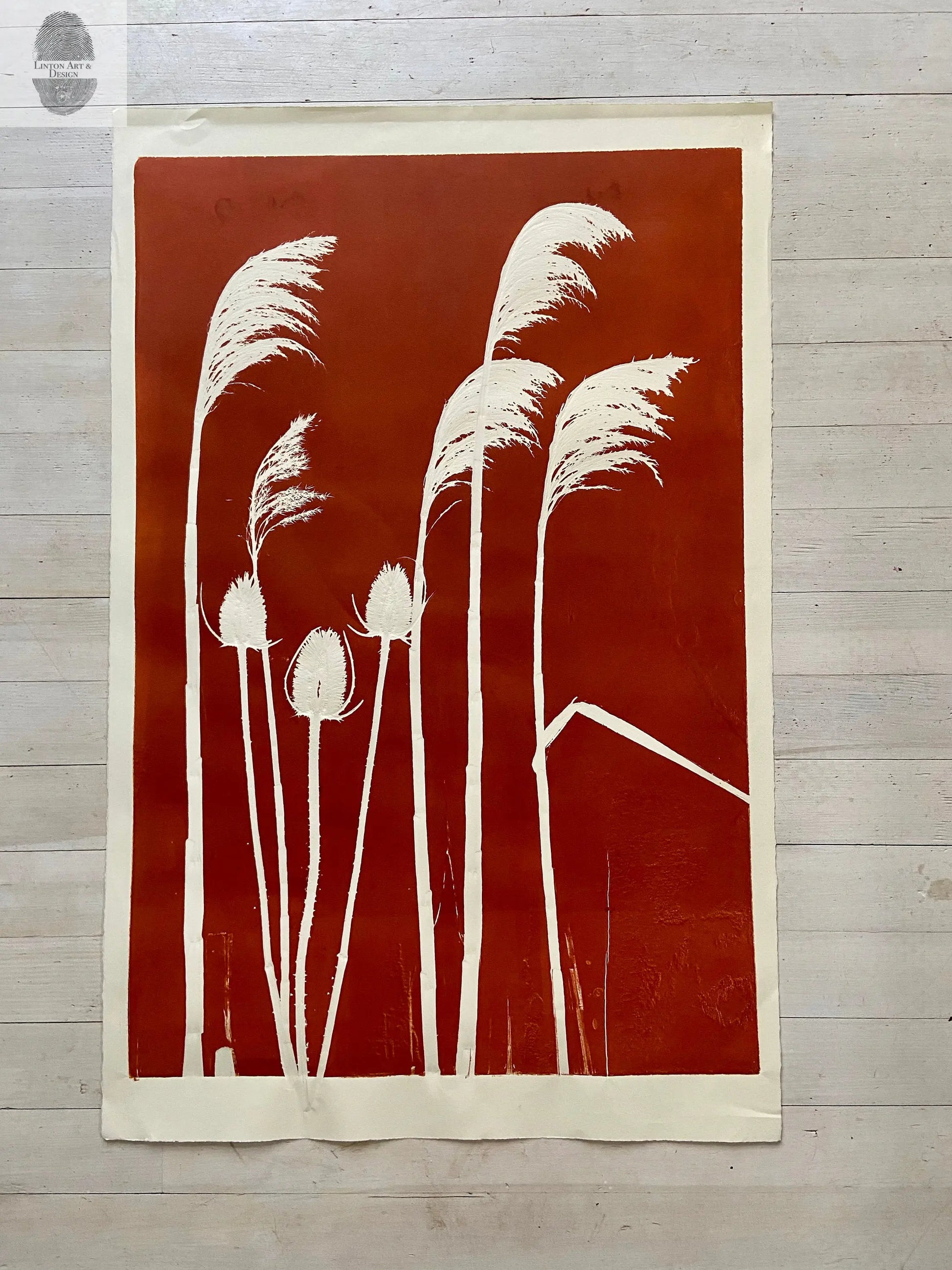 Thistle and Pampas Grass Hand Pressed Monoprint - Giclee Print lintonart