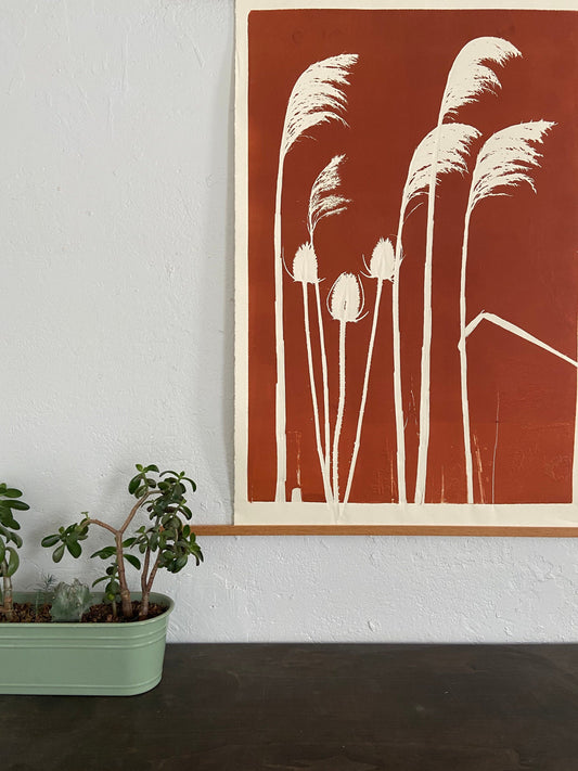 Thistle and Pampas Grass Hand Pressed Monoprint - giclee print