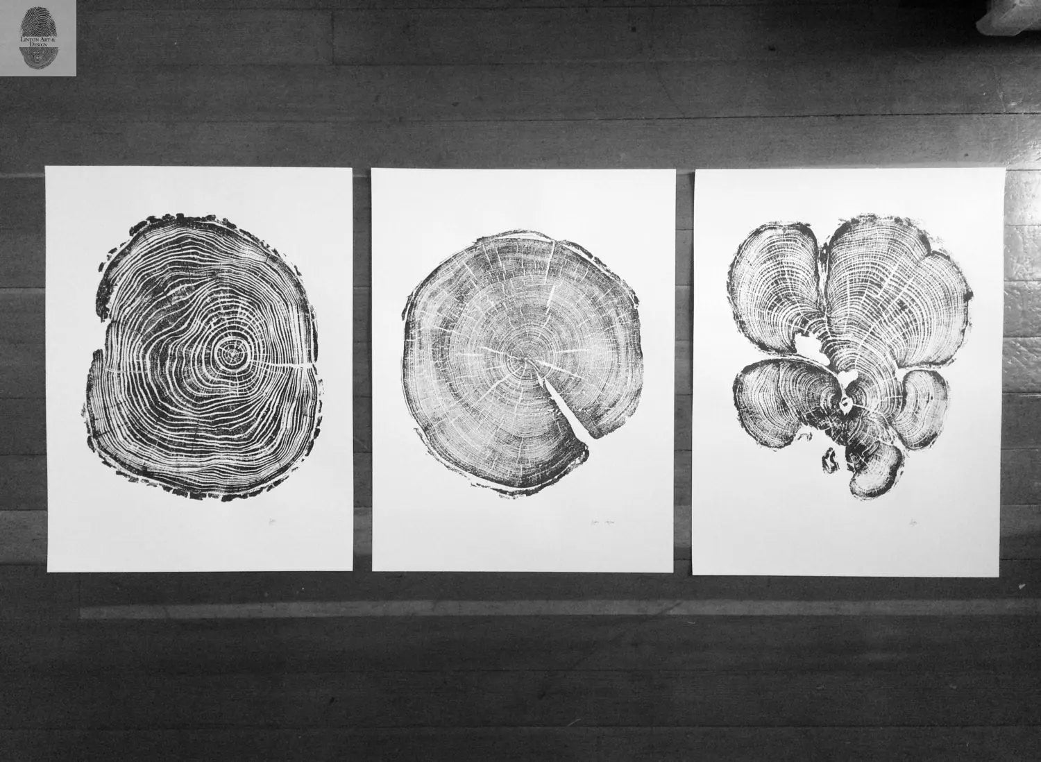 Three Panel Wall Art, Tree Blocks, Woodcut print, Tree hugger gift, Signed Original 18x24 inches lintonart