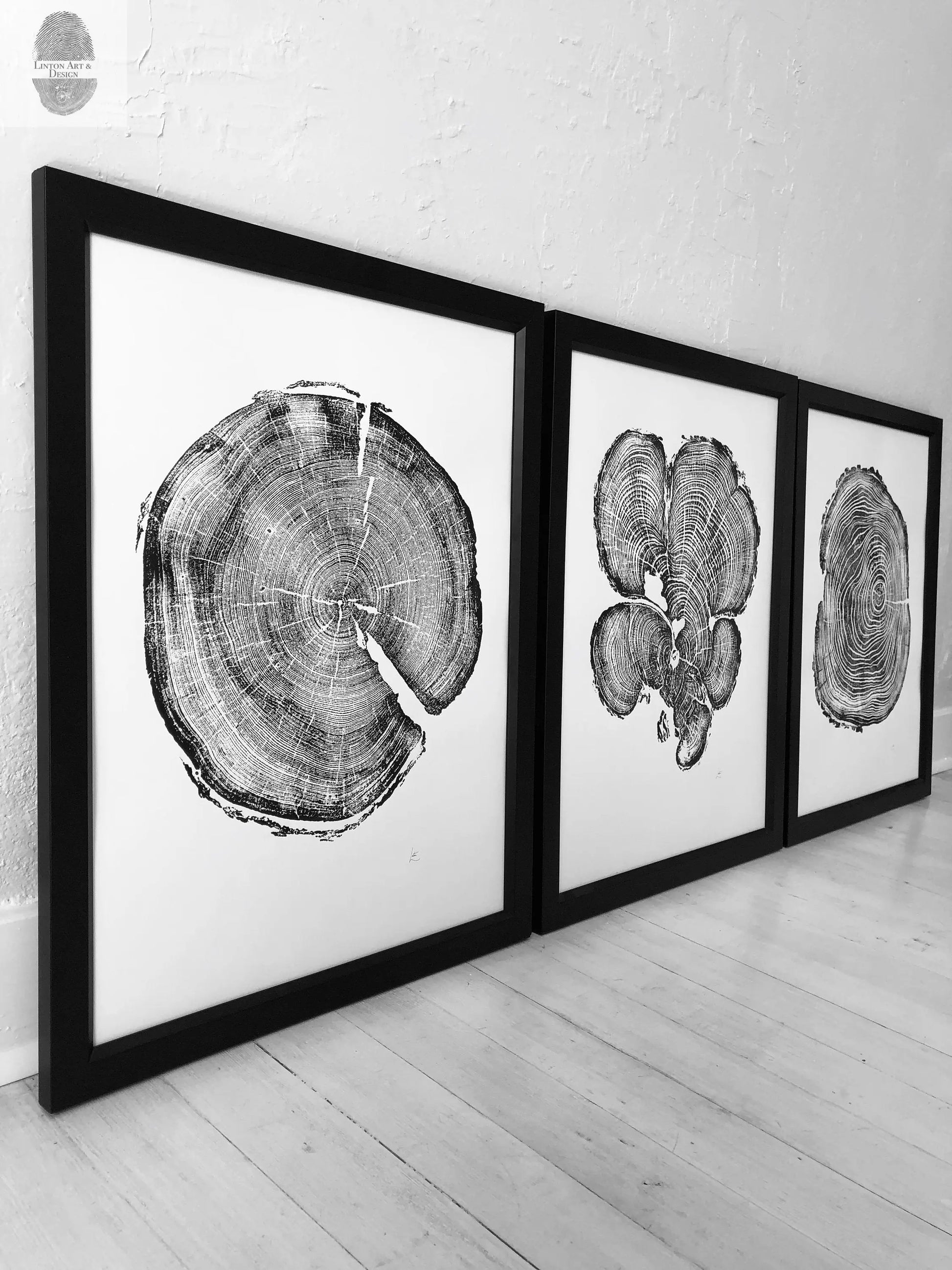 Three Panel Wall Art, Tree Blocks, Woodcut print, Tree hugger gift, Signed Original 18x24 inches lintonart
