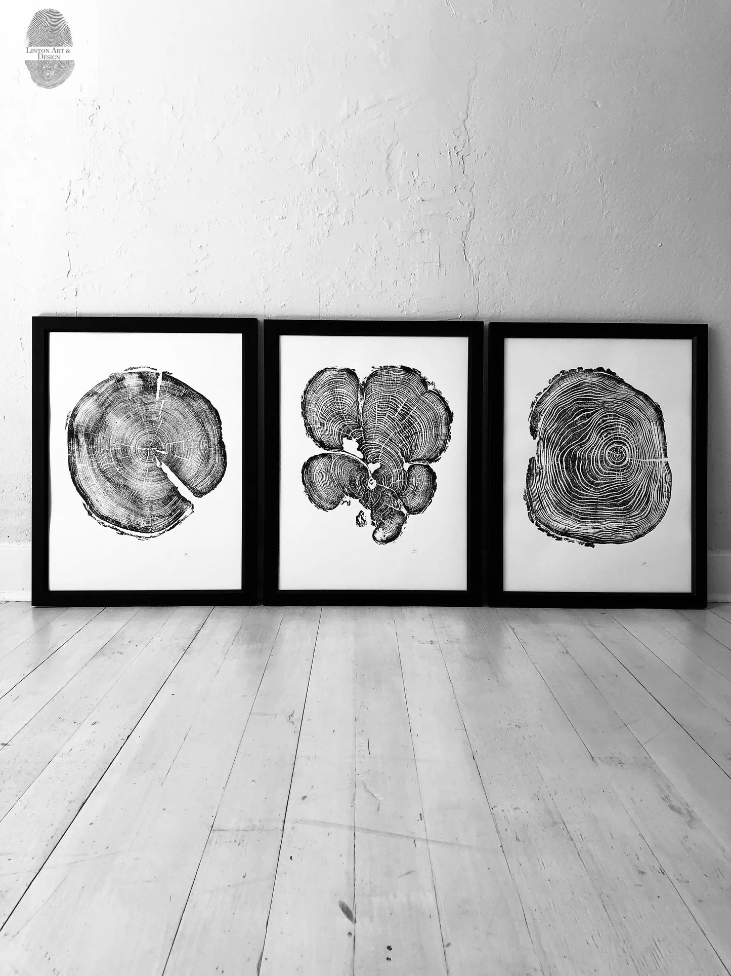 Three Panel Wall Art, Tree Blocks, Woodcut print, Tree hugger gift, Signed Original 18x24 inches lintonart