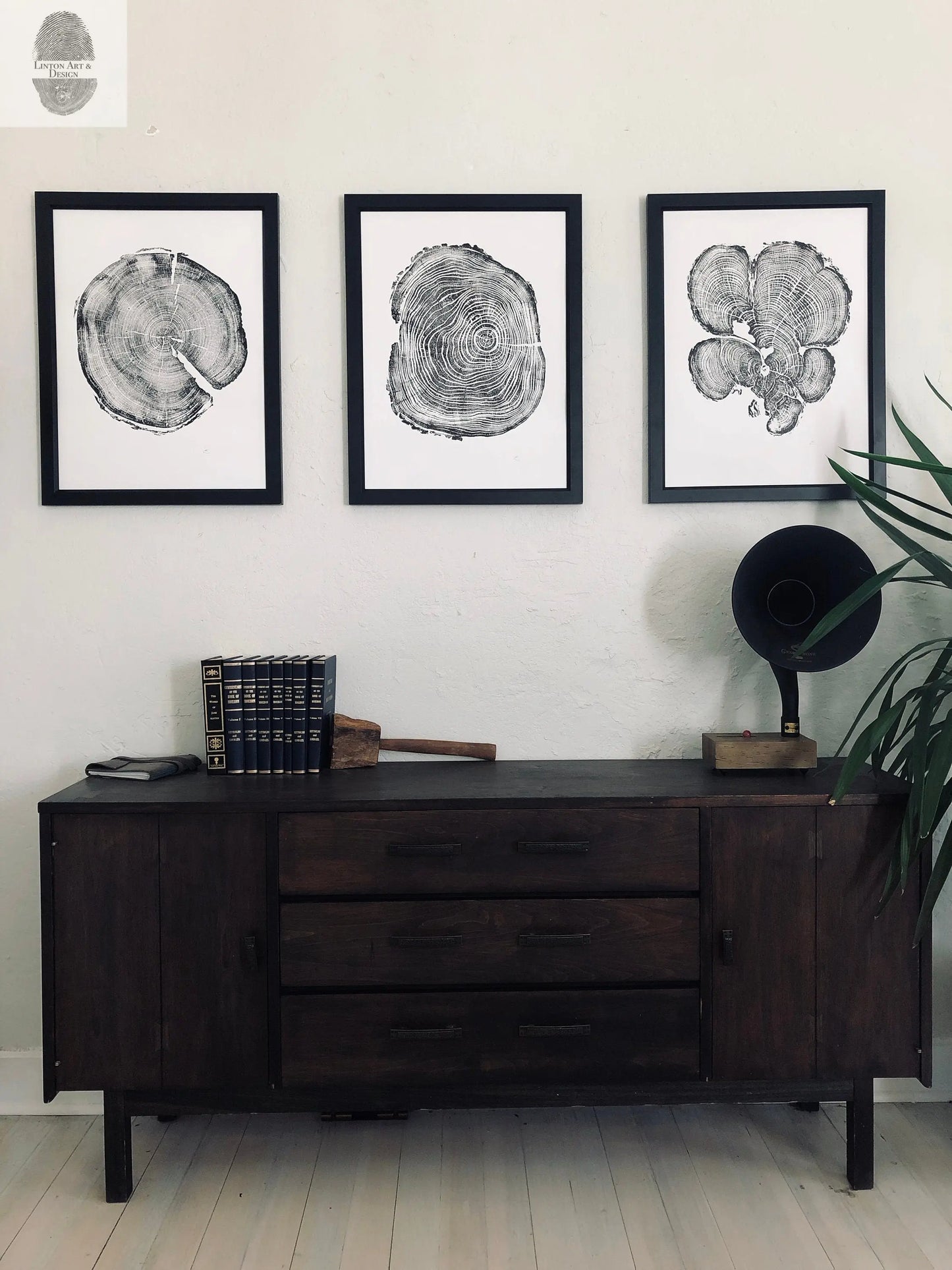 Three Panel Wall Art, Tree Blocks, Woodcut print, Tree hugger gift, Signed Original 18x24 inches lintonart