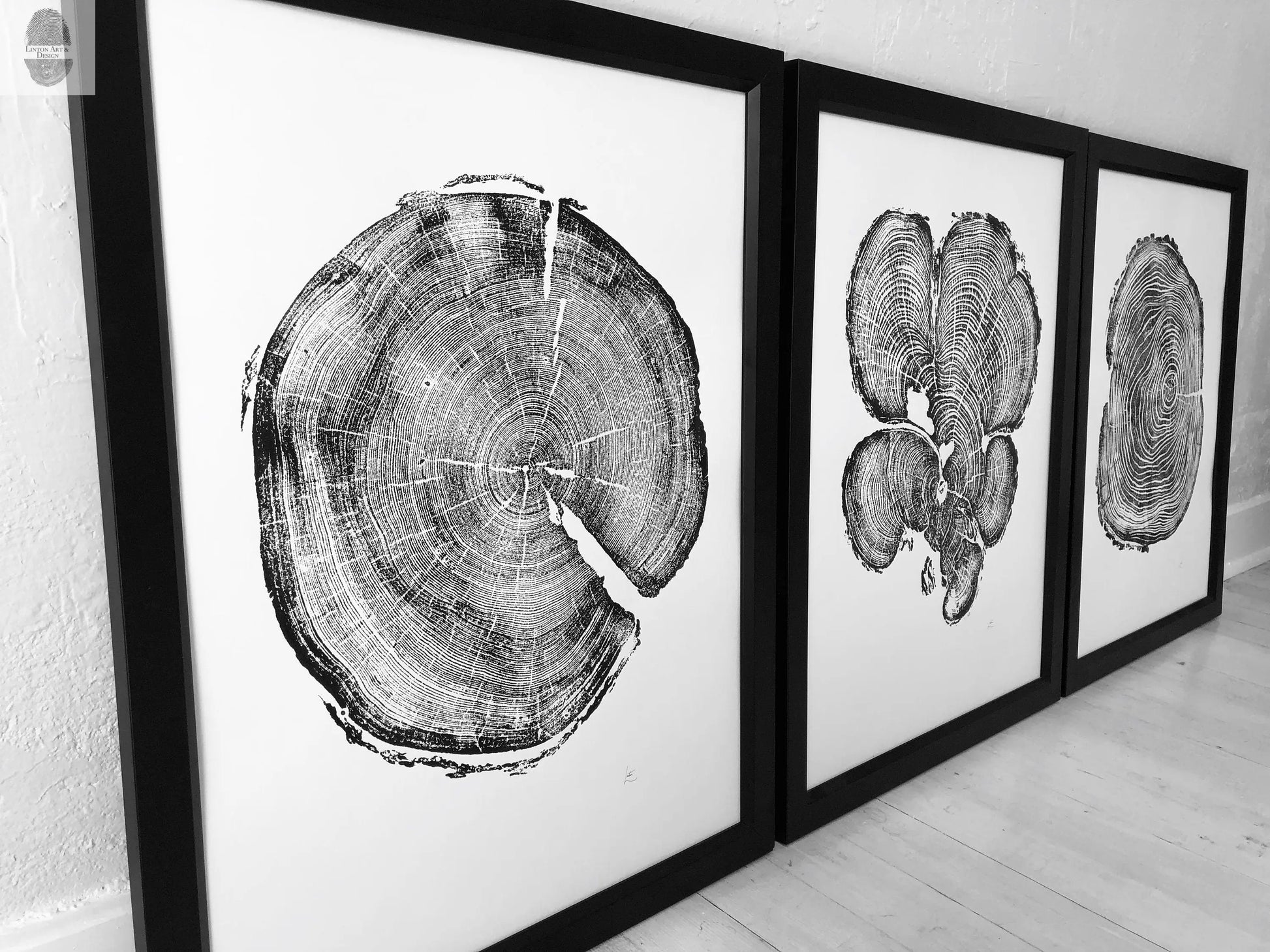 Three Panel Wall Art, Tree Blocks, Woodcut print, Tree hugger gift, Signed Original 18x24 inches lintonart
