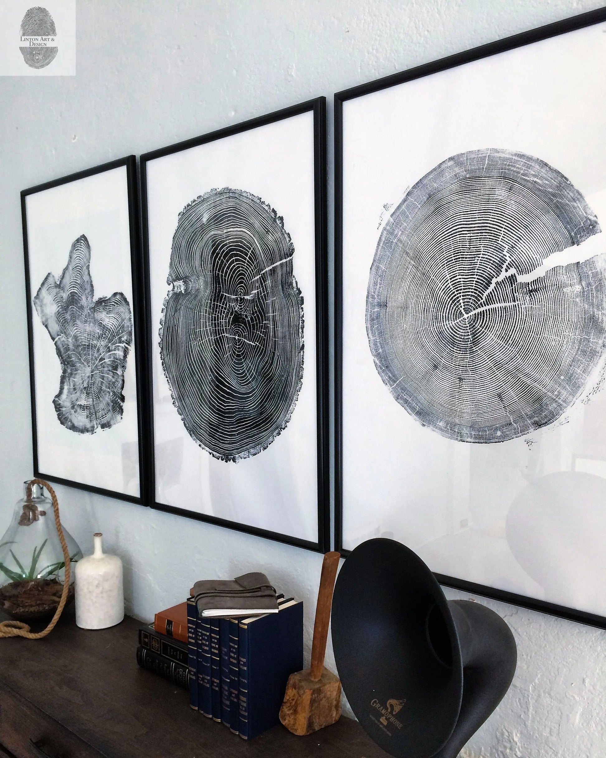 Tree rings Print, Three Panel Wall Art, Woodcut print, Lumber, Tree of Life, Sacred Geometry, Live Edge, Shabby Tree, Each 24x36 inches lintonart