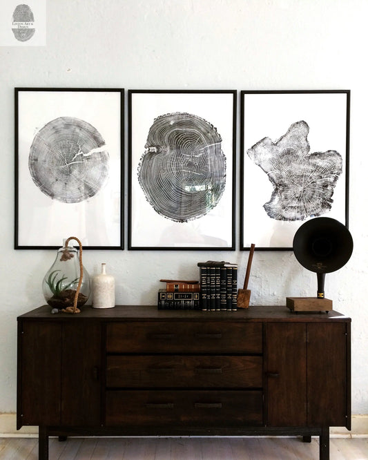 Tree rings Print, Three Panel Wall Art, Woodcut print, Lumber, Tree of Life, Sacred Geometry, Live Edge, Shabby Tree, Each 24x36 inches lintonart