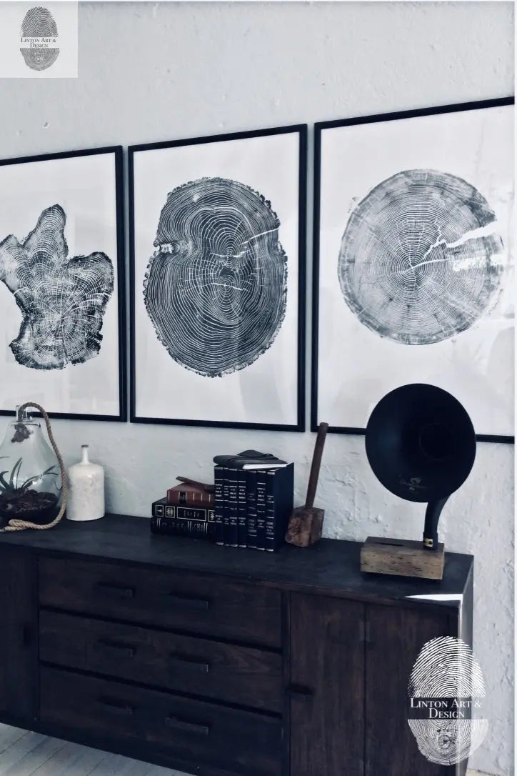 Tree rings Print, Three Panel Wall Art, Woodcut print, Lumber, Tree of Life, Sacred Geometry, Live Edge, Shabby Tree, Each 24x36 inches lintonart