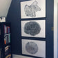 Tree rings Print, Three Panel Wall Art, Woodcut print, Lumber, Tree of Life, Sacred Geometry, Live Edge, Shabby Tree, Each 24x36 inches lintonart