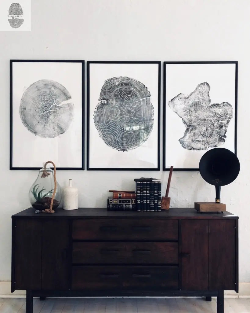 Tree rings Print, Three Panel Wall Art, Woodcut print, Lumber, Tree of Life, Sacred Geometry, Live Edge, Shabby Tree, Each 24x36 inches lintonart
