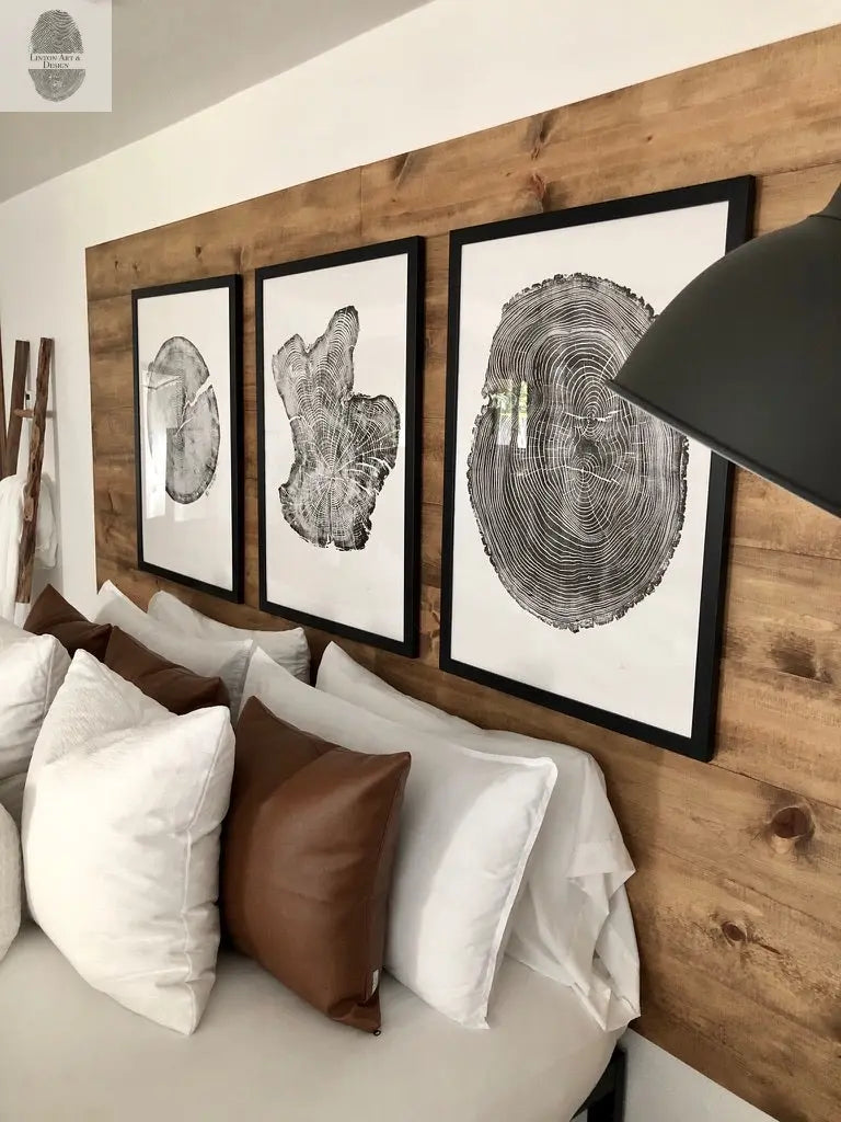Tree rings Print, Three Panel Wall Art, Woodcut print, Lumber, Tree of Life, Sacred Geometry, Live Edge, Shabby Tree, Each 24x36 inches lintonart