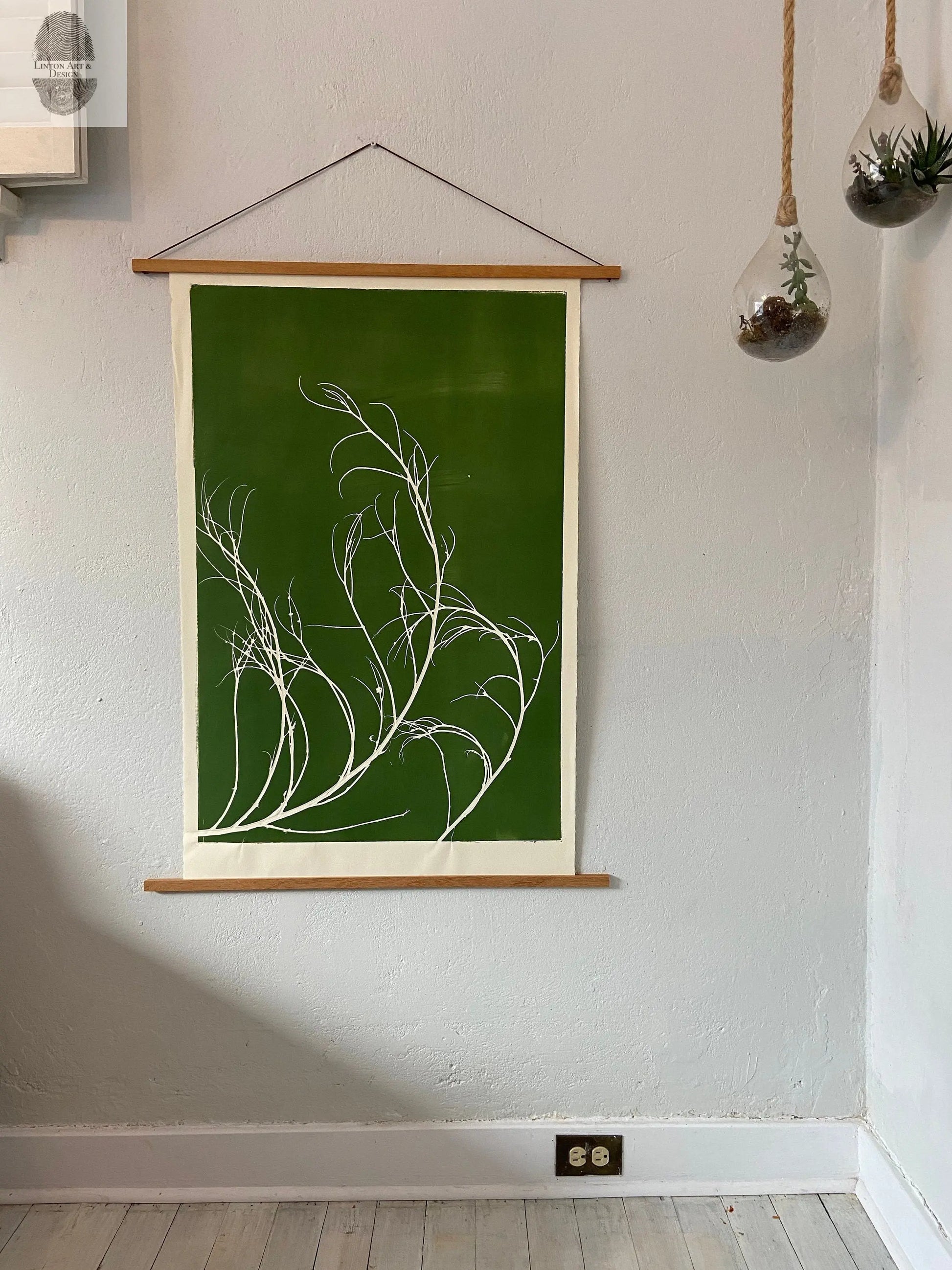 Tumbleweed Hand Pressed Botanical Monoprint on Green - giclee print lintonart