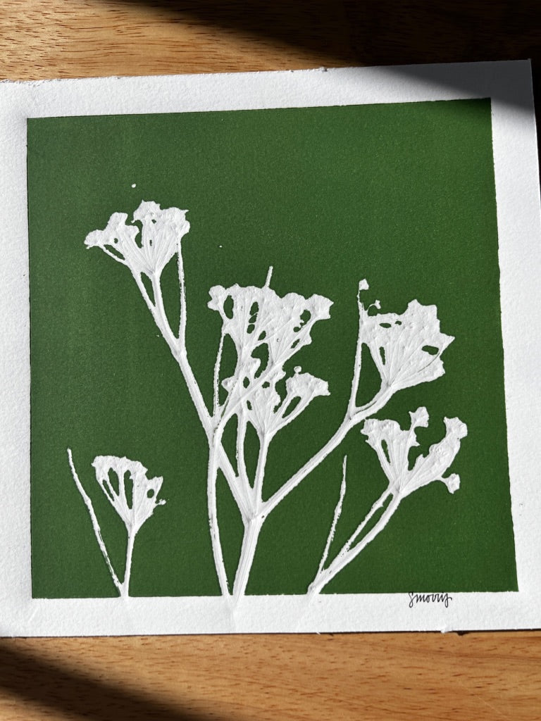 Wild Fennel Hand Pressed Botanical Monotype on Green II - Original Print 8x8 inches