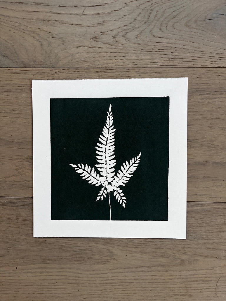 Fern Hand Pressed Botanical Monoprint on Charcoal Grey - Original Print 8 3/4 x 9 inches