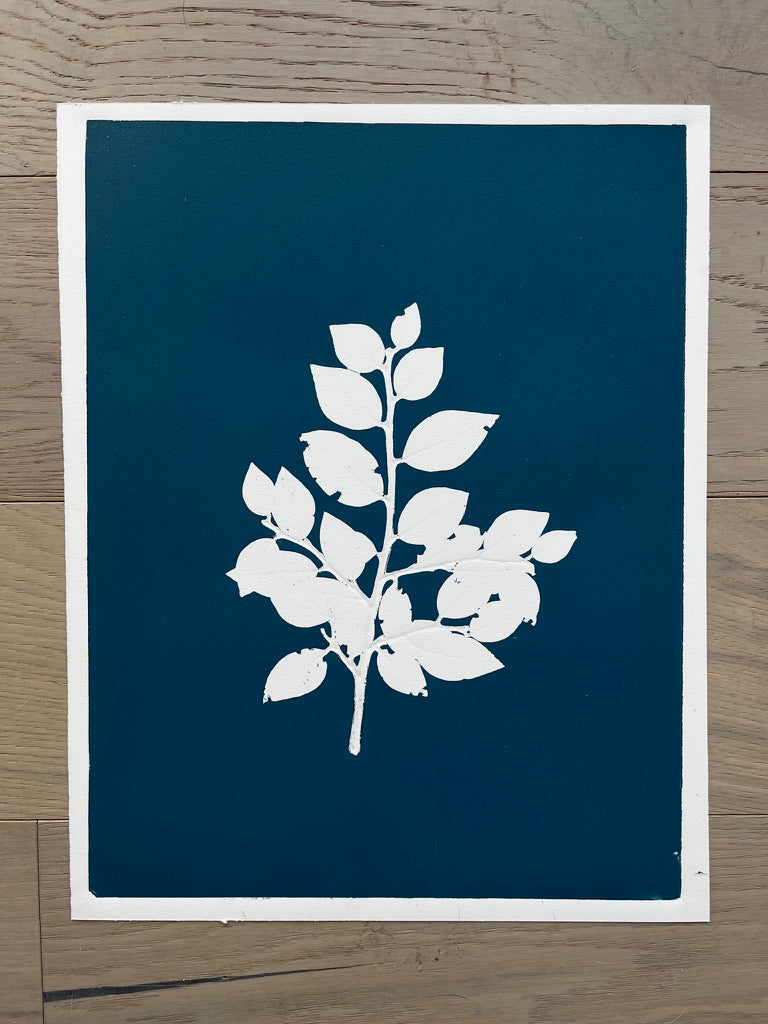 Southwest Tree Branch Hand Pressed Botanical Monoprint on Blue - Original Print 15x19 inches