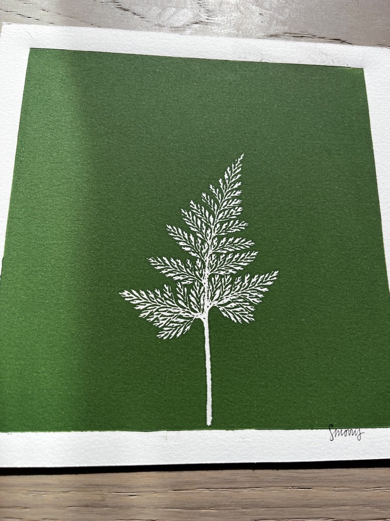 Fern Hand Pressed Botanical Monotype on Green - Original Print 8x8 inches