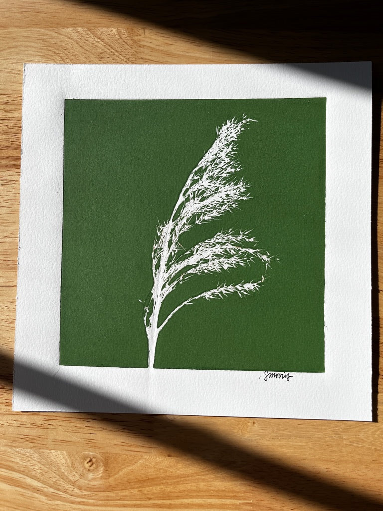 Pampas Grass Hand Pressed Botanical Monotype on Green - Original Print 9x9 inches