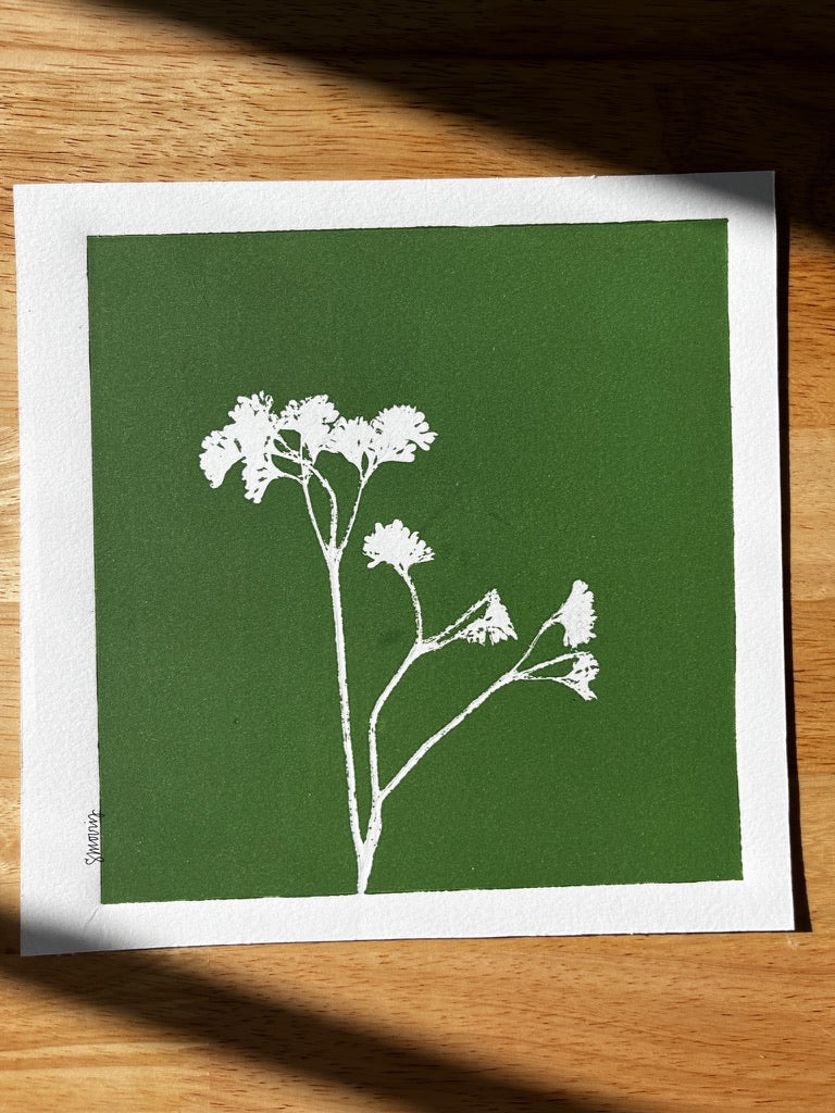 Wild Fennel Hand Pressed Botanical Monotype on Green I - Original Print 8x8 inches