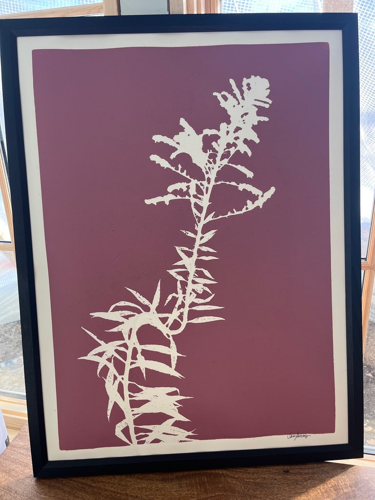 Meadow Goldenrod Hand Pressed Botanical Monoprint in Rose Pink - Original Print 18x24 inches