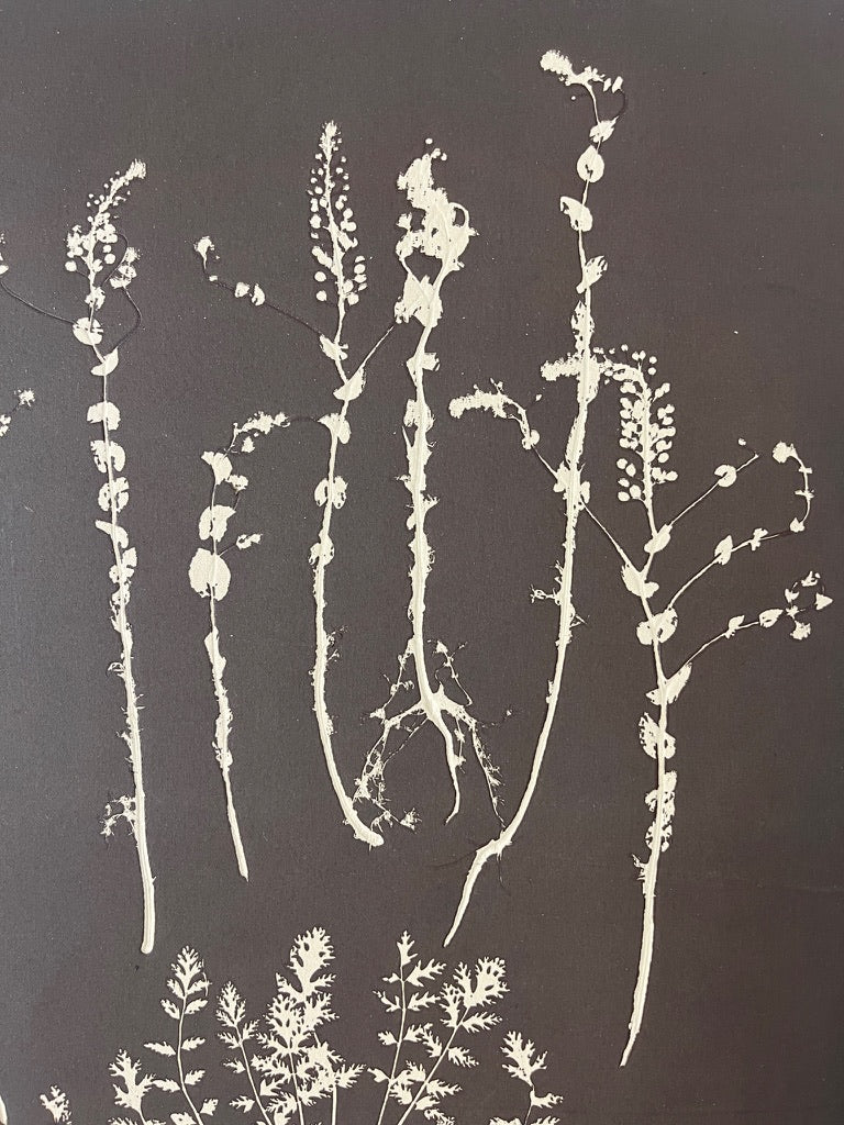 Weed Collage Hand Pressed Botanical Monoprint on Dark Brown - Original 18x24 inches