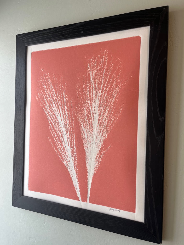 Pampas Grass Hand Pressed Botanical Monoprint on Blush Pink - Original Print 16x20 inches