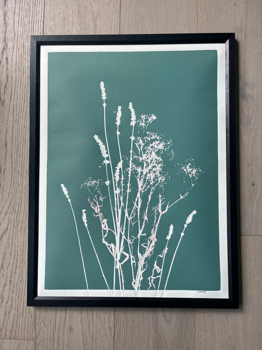 Lavender & Baby's Breath Collage Hand-Pressed Botanical Monotype on Sage Green - Original Print 18x24 inches