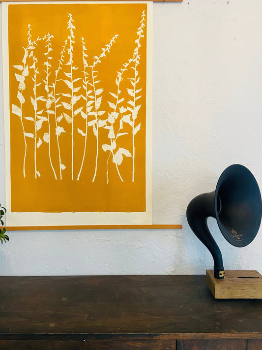 Wild Flowers Hand Pressed Botanical Monoprint on Yellow Gold - giclee print