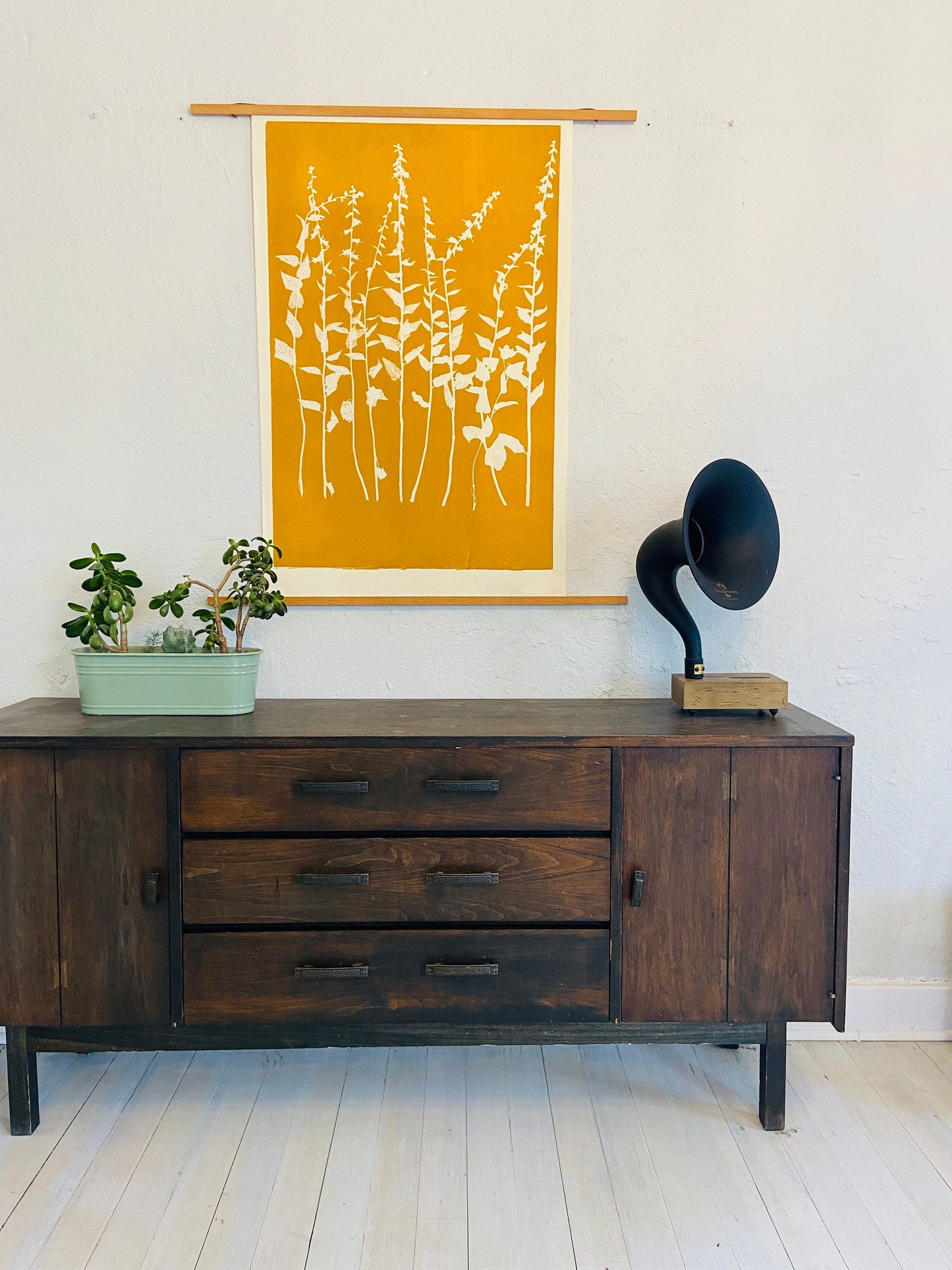 Wild Flowers Hand Pressed Botanical Monoprint on Yellow Gold - giclee print