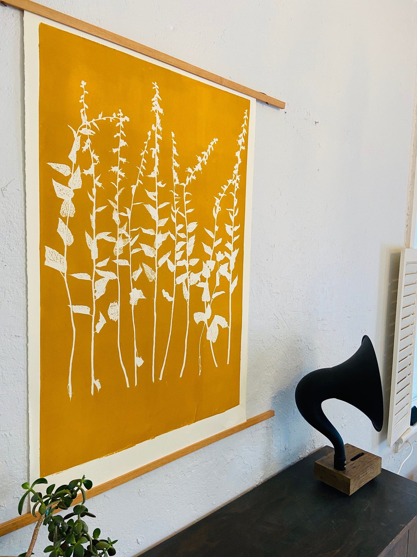 Wild Flowers Hand Pressed Botanical Monoprint on Yellow Gold - giclee print