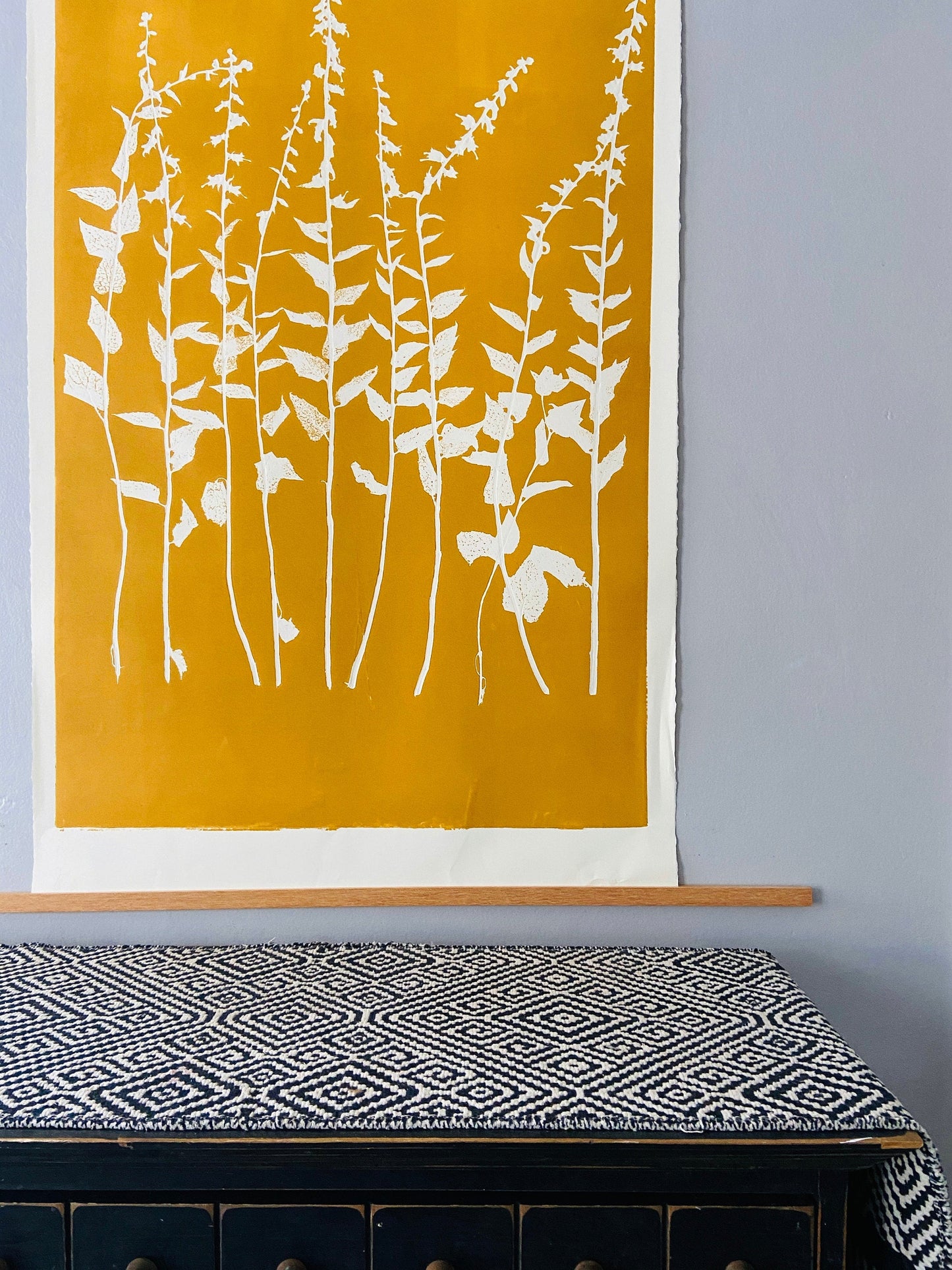 Wild Flowers Hand Pressed Botanical Monoprint on Yellow Gold - giclee print