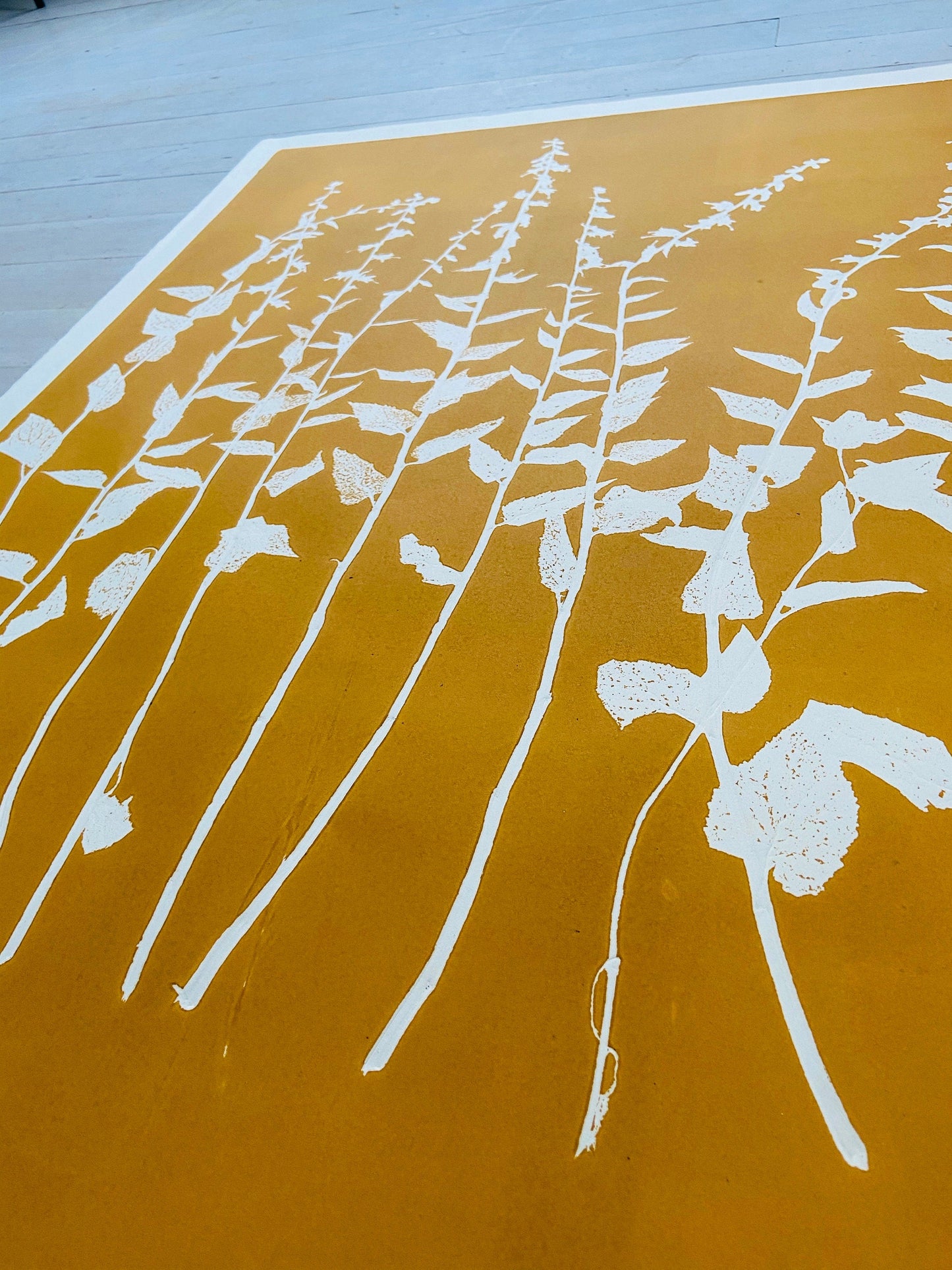 Wild Flowers Hand Pressed Botanical Monoprint on Yellow Gold - giclee print